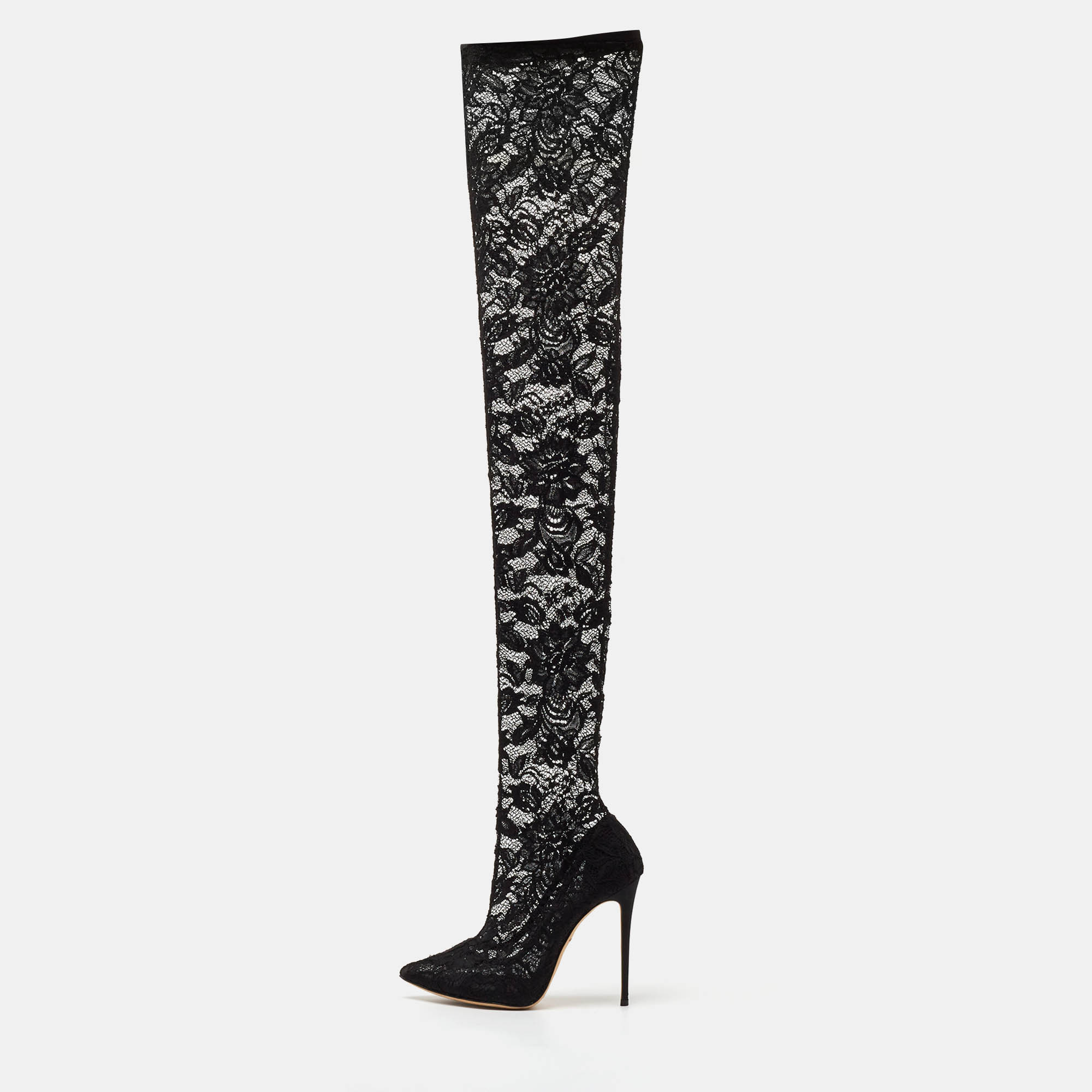 Pre-owned Dolce & Gabbana Black Lace And Mesh Knee Length Boots Size 37