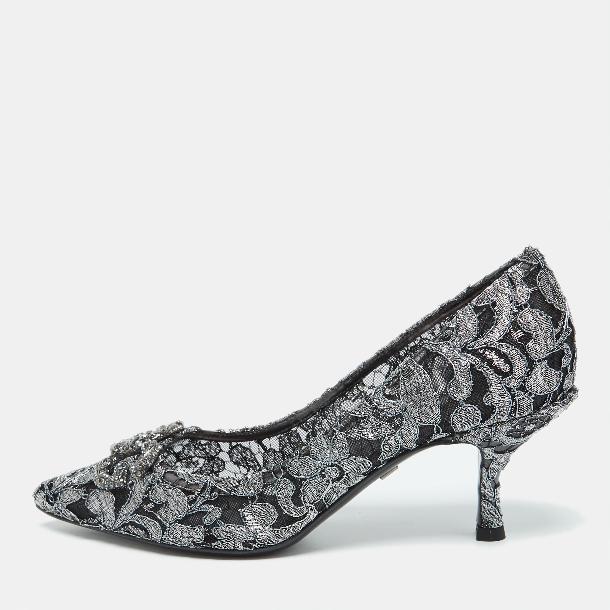 

Dolce & Gabbana Silver/Black Lace DG Amore Crystal Embellished Pointed Toe Pumps Size