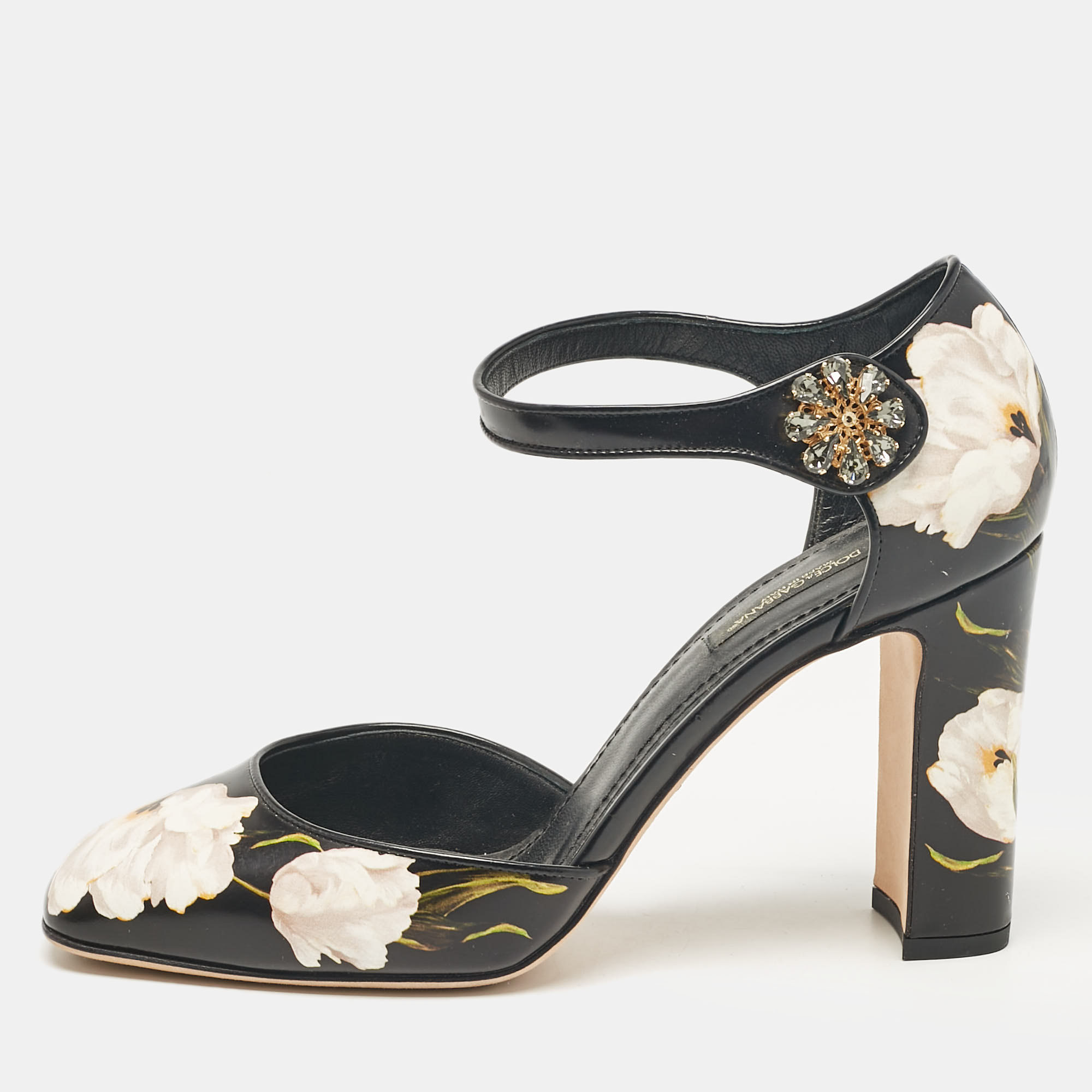 

Dolce & Gabbana Black Floral Print Leather Ankle Strap Pumps Size