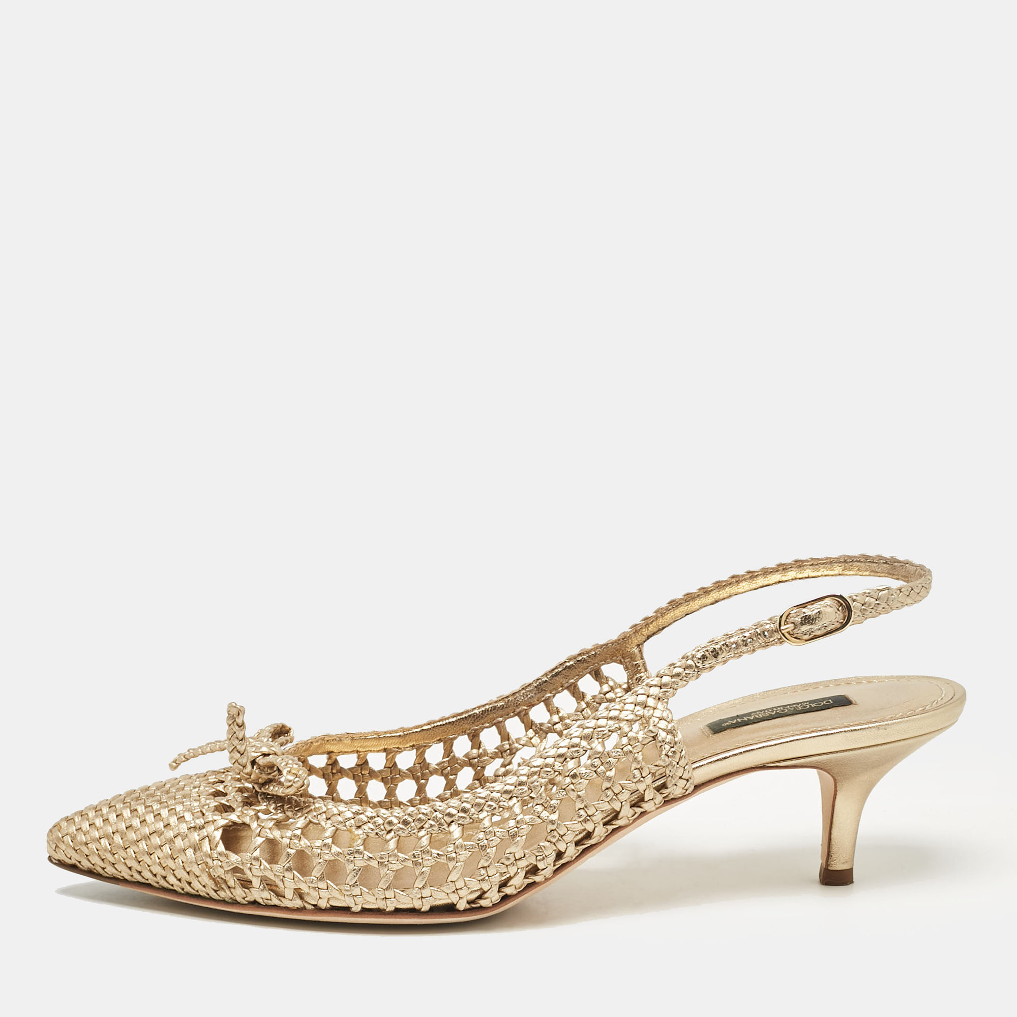 

Dolce & Gabbana Gold Woven Leather Pointed Toe Slingback Pumps Size