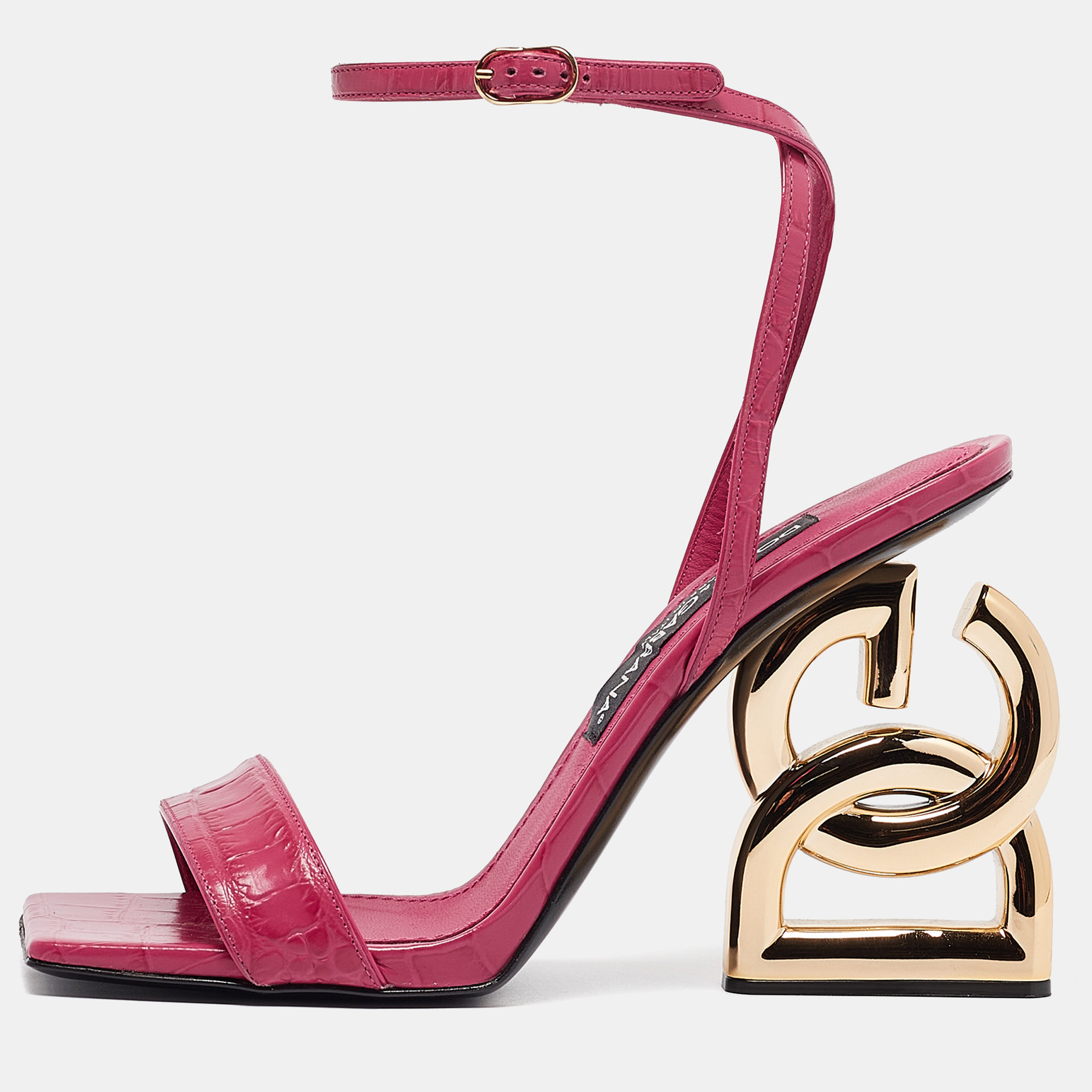 

Dolce & Gabbana Pink Croc Embossed Leather Ankle Strap Sandals Size