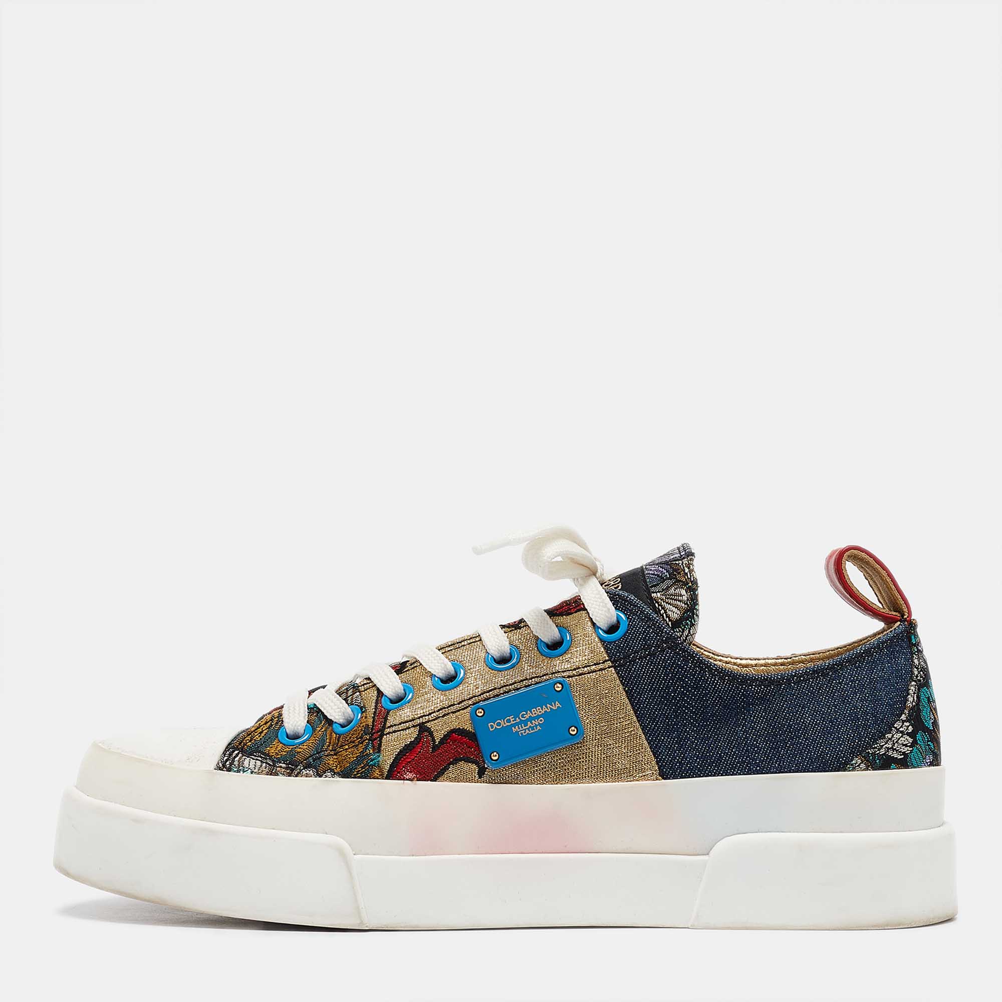 

Dolce & Gabbana Multicolor Denim Lurex Fabric Portofino Lace Up Sneakers Size