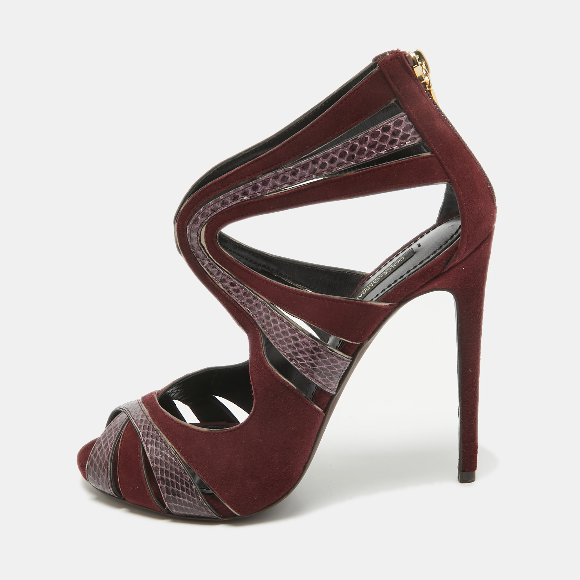 

Dolce & Gabbana Burgundy Snakeskin and Suede Ankle Strap Sandals Size