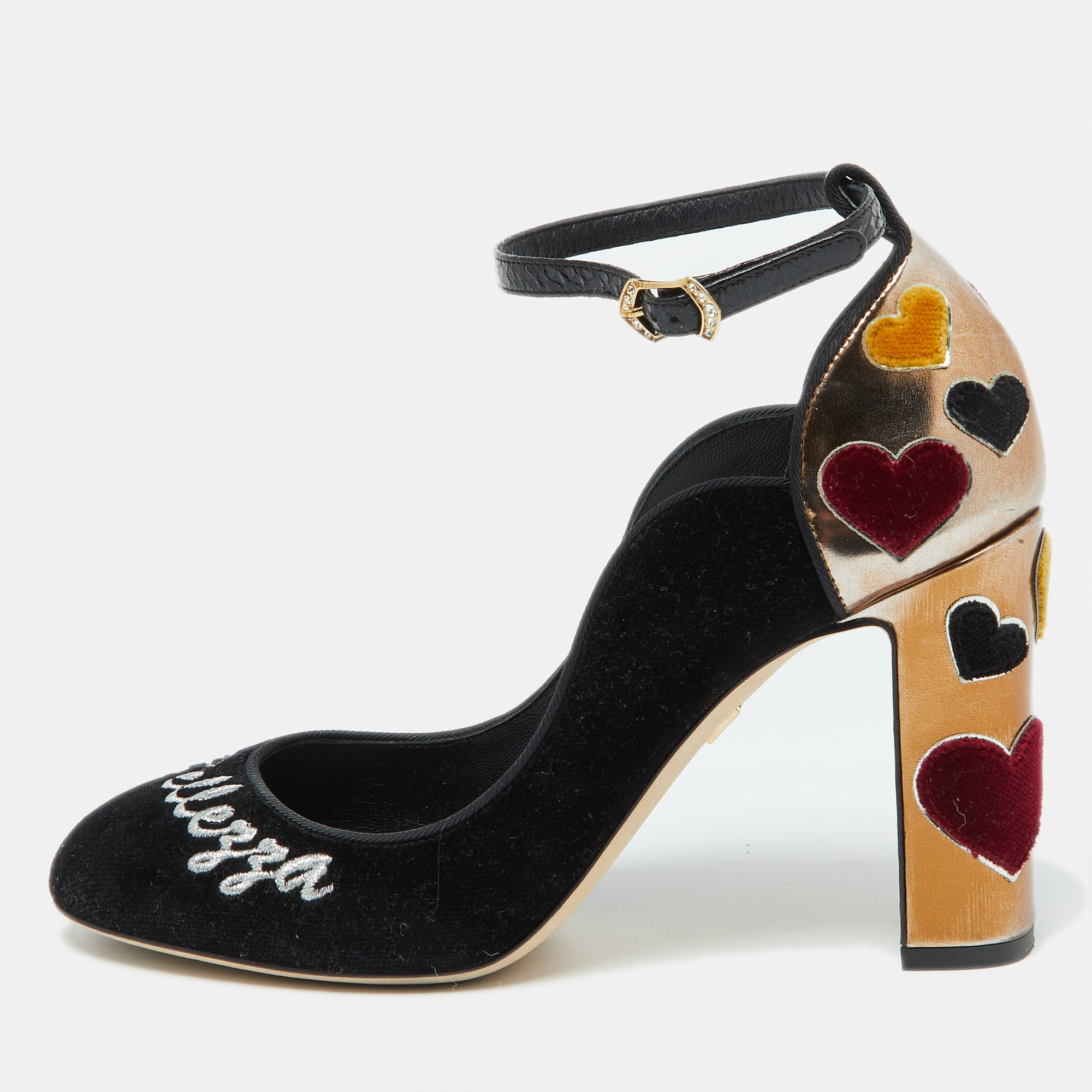 

Dolce & Gabbana Black/Gold Velvet and Leather L' Amore Block Heel Pumps Size