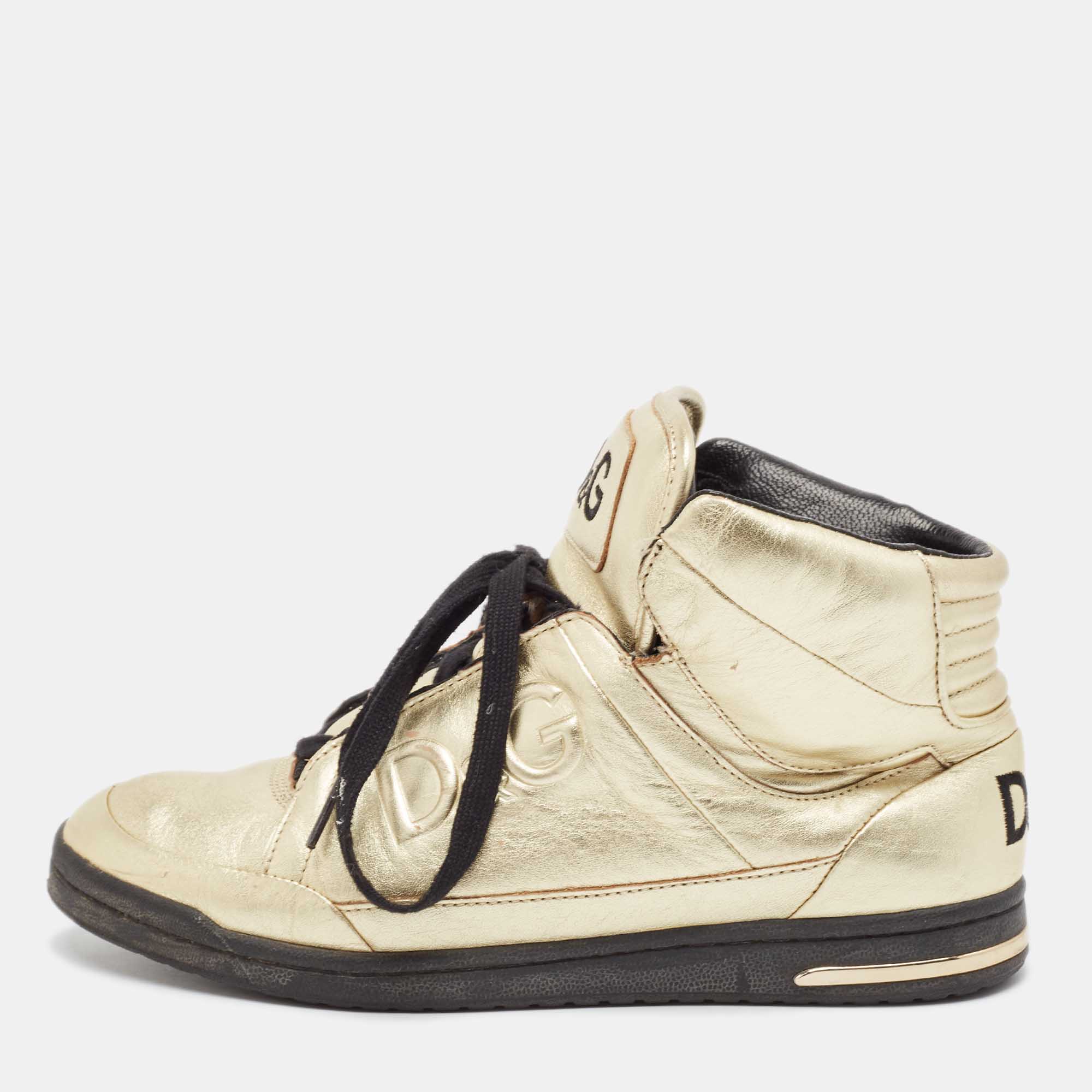 

Dolce & Gabbana Gold Leather High Top Sneakers Size