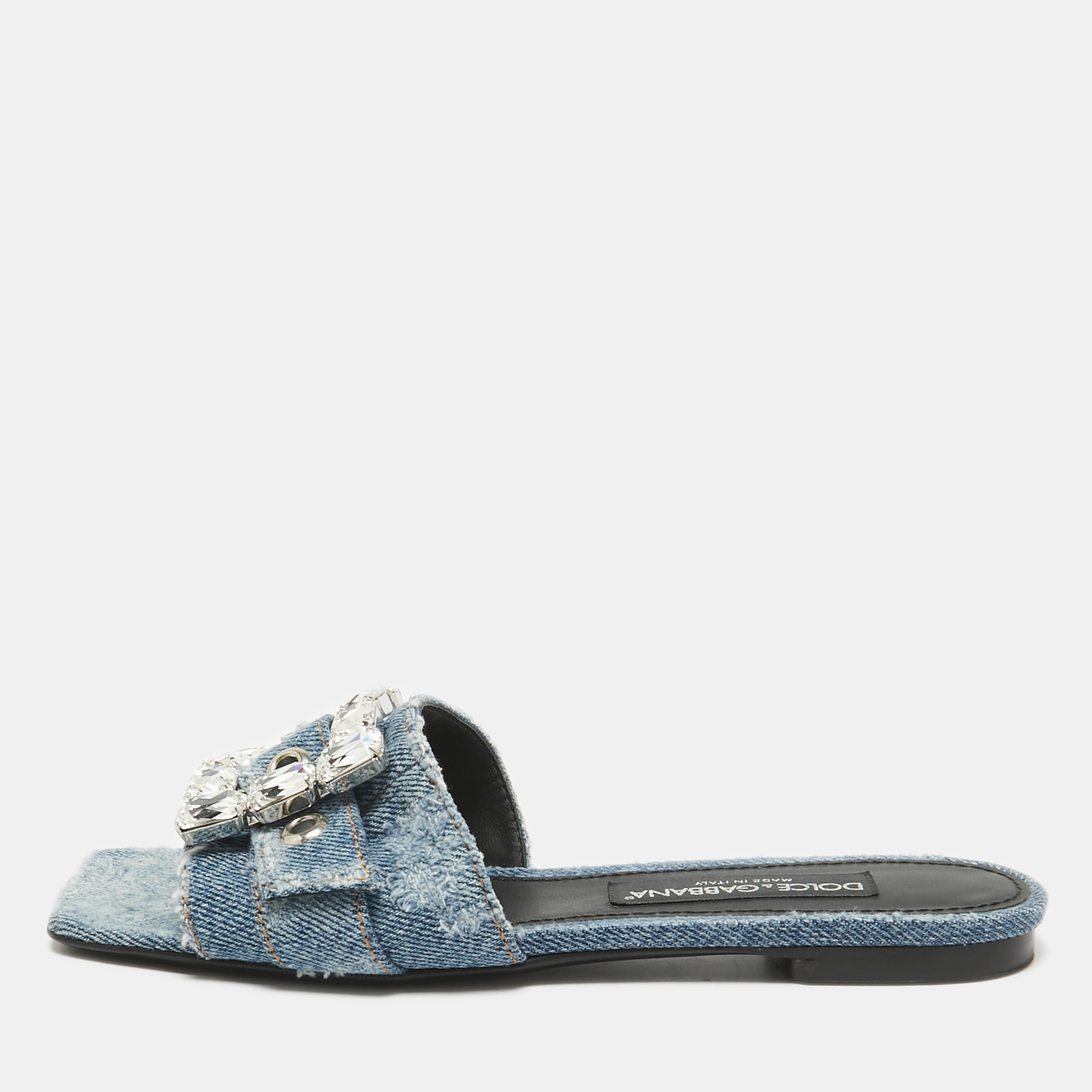 

Dolce & Gabbana Blue Denim Crystal Embellished Buckle Flat Slides Size