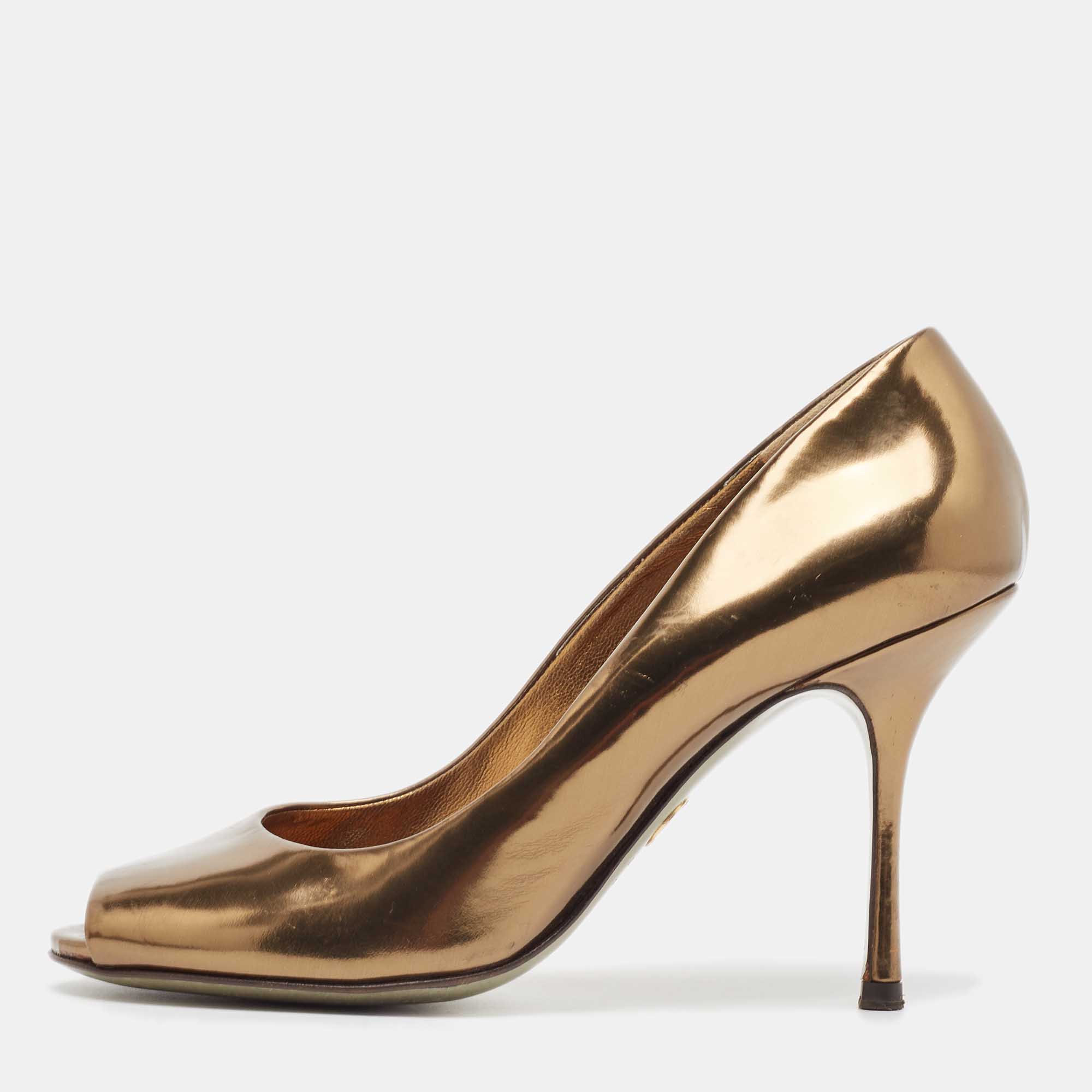 

Dolce & Gabbana Gold Leather Peep Toe Pumps Size