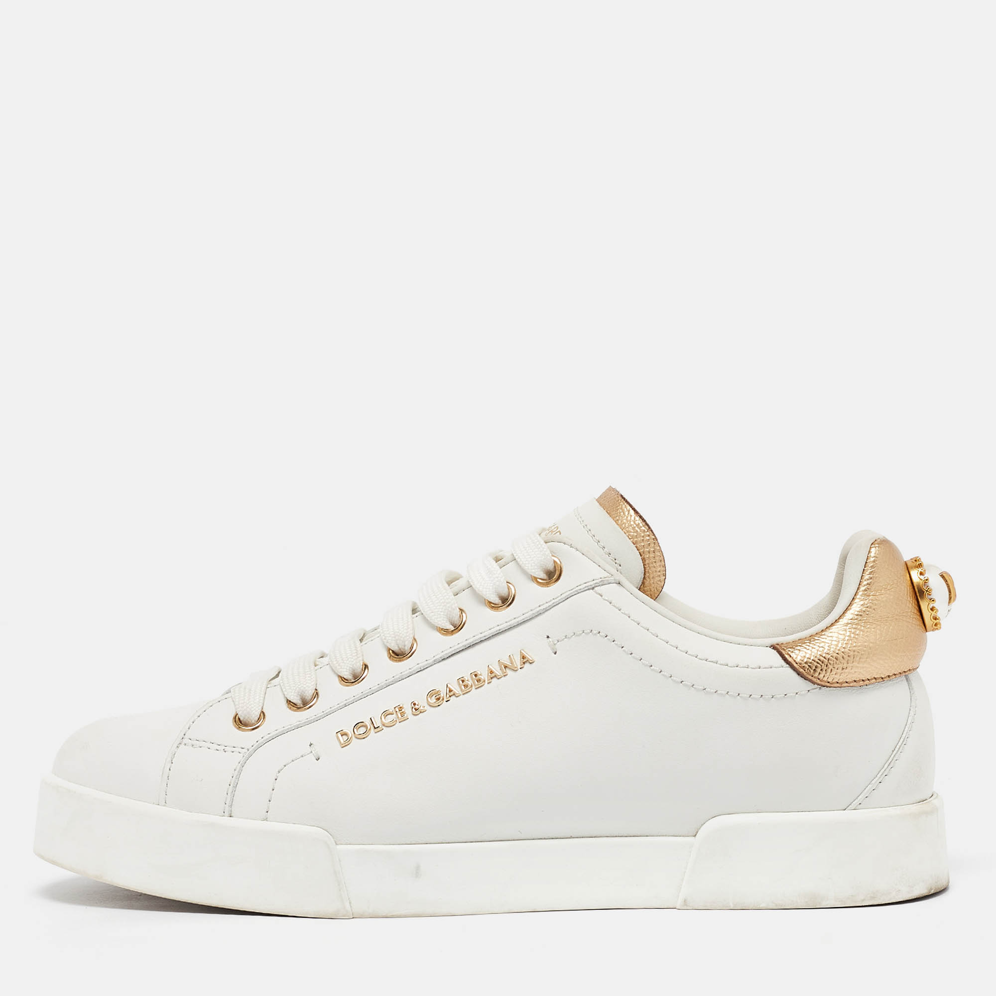 

Dolce & Gabbana White Leather DG Pearl Portofino Sneakers Size