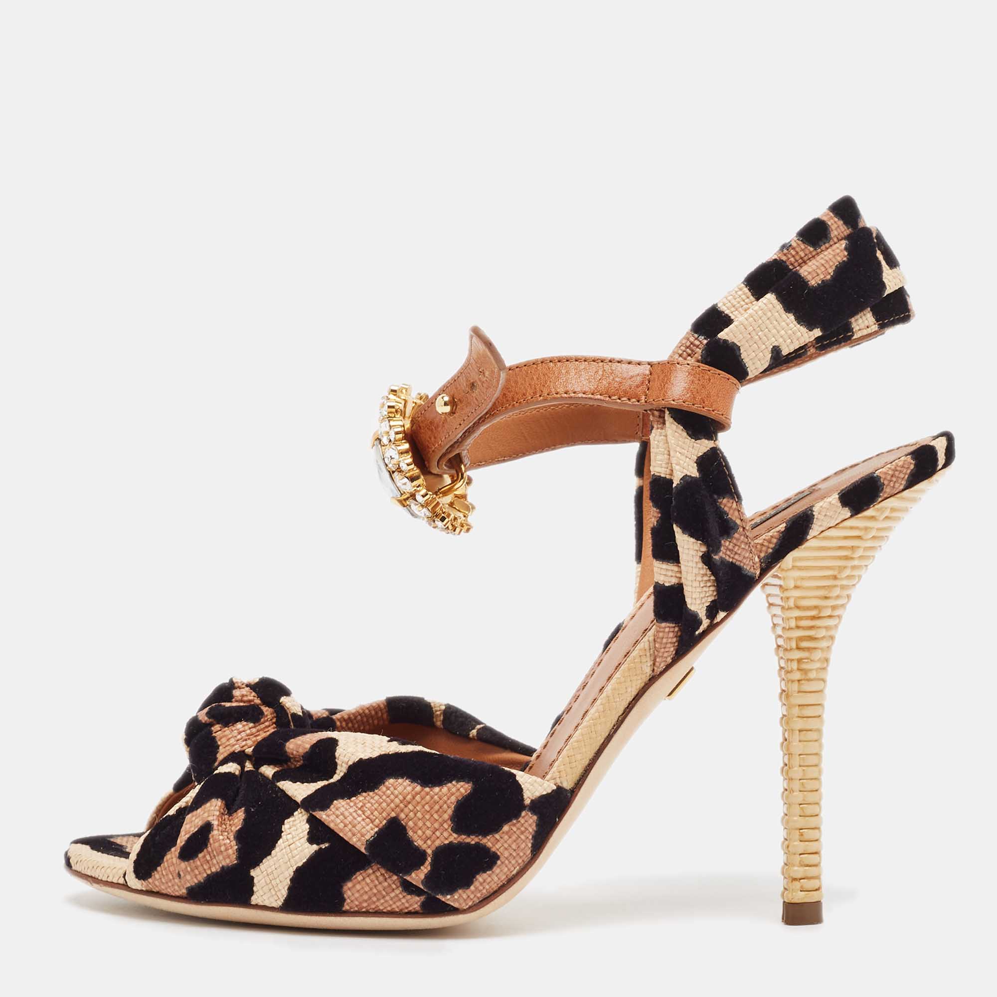 

Dolce & Gabbana Tricolor Leopard Print Raffia and Leather Jeweled Buckle Ankle Strap Sandals Size, Brown