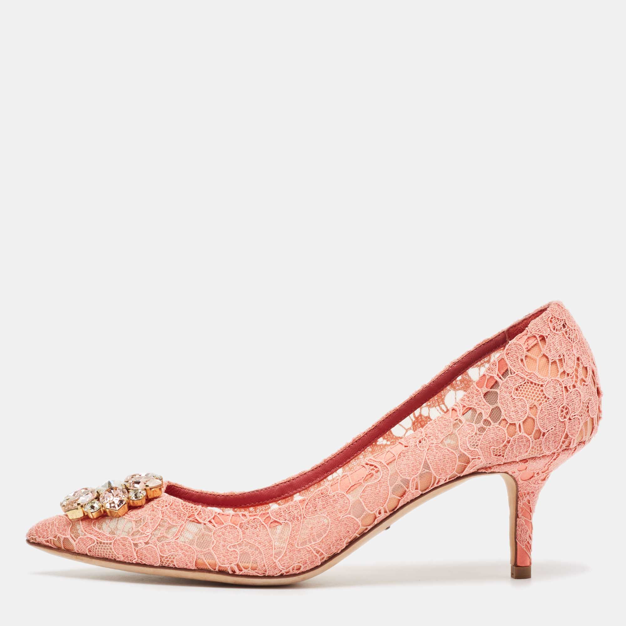 

Dolce & Gabbana Pink Lace Crystal Embellished Bellucci Pumps Size