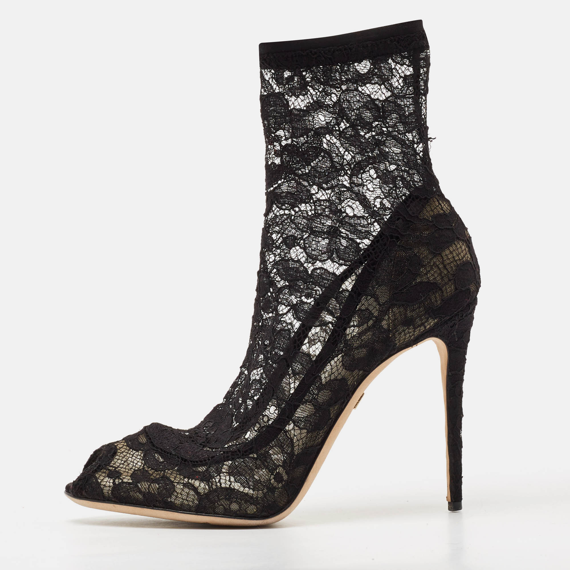 

Dolce & Gabbana Black Stretch Lace Open Toe Ankle Booties Size