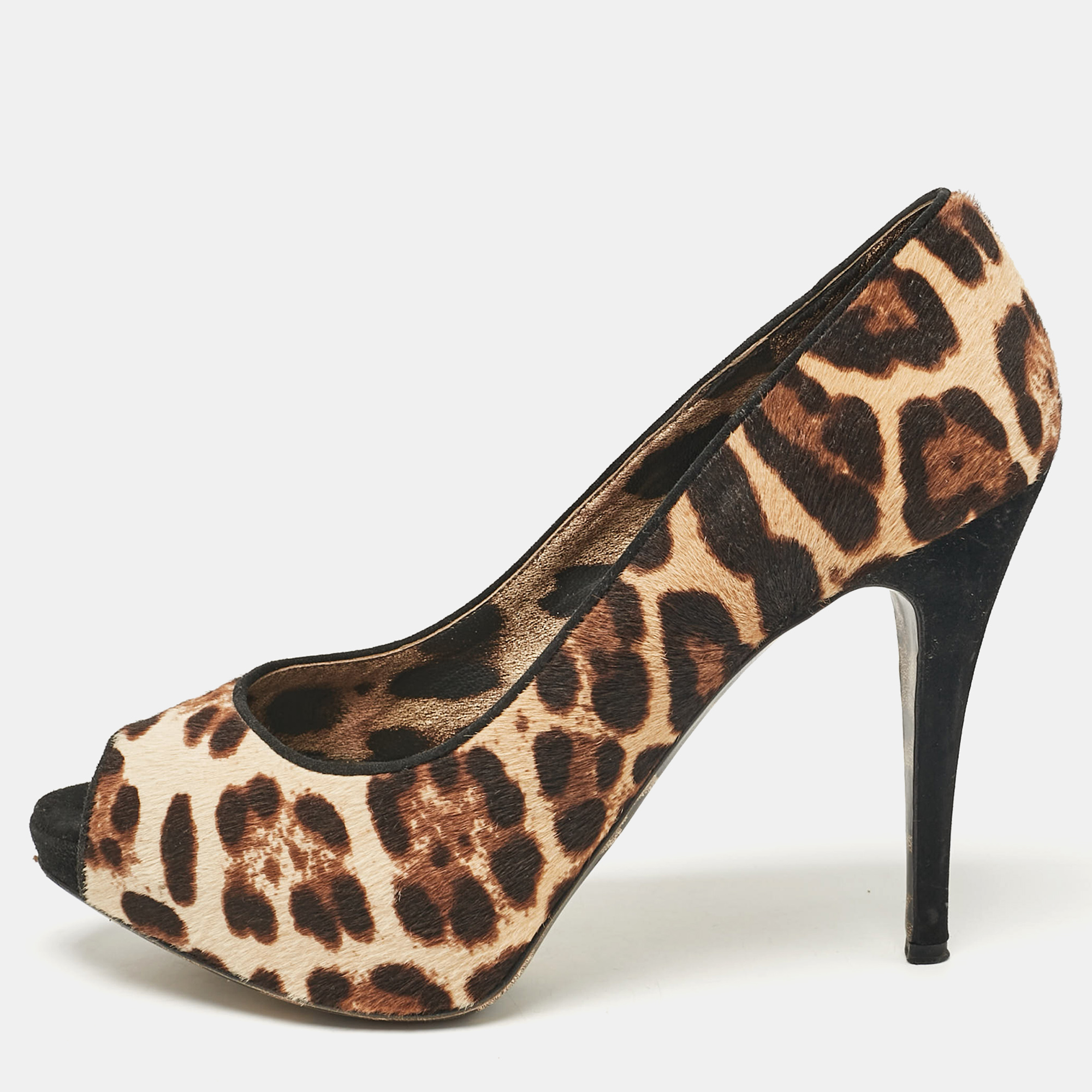 

Dolce & Gabbana Brown Leopard Print Calf Hair Peep Toe Platform Pumps Size