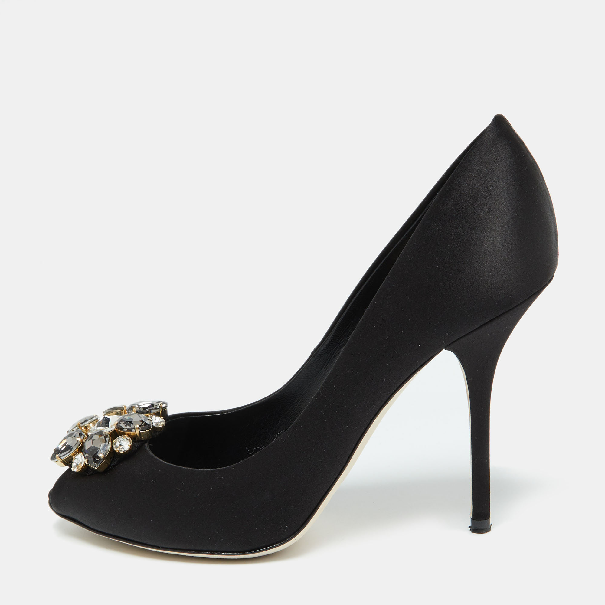 

Dolce & Gabbana Black Satin Crystal Embellished Peep Toe Pumps Size