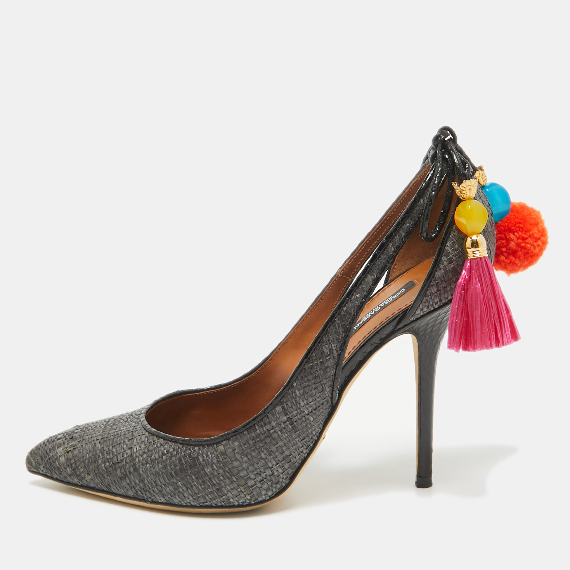 

Dolce & Gabbana Grey Raffia and Snakeskin Cutout Pointed Toe Pumps Size