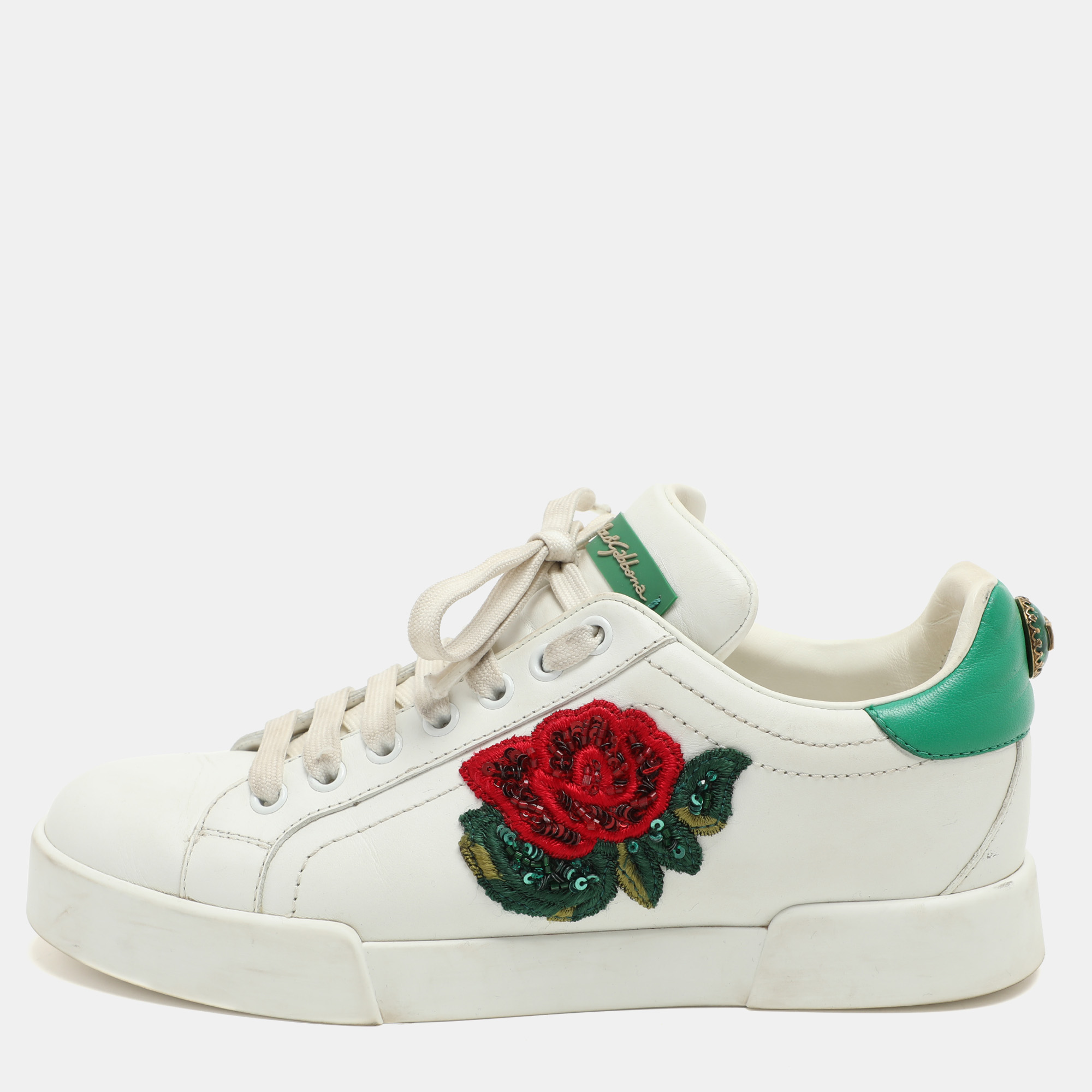 

Dolce & Gabbana White/Green Leather Portofino Embellished Low Top Sneakers Size