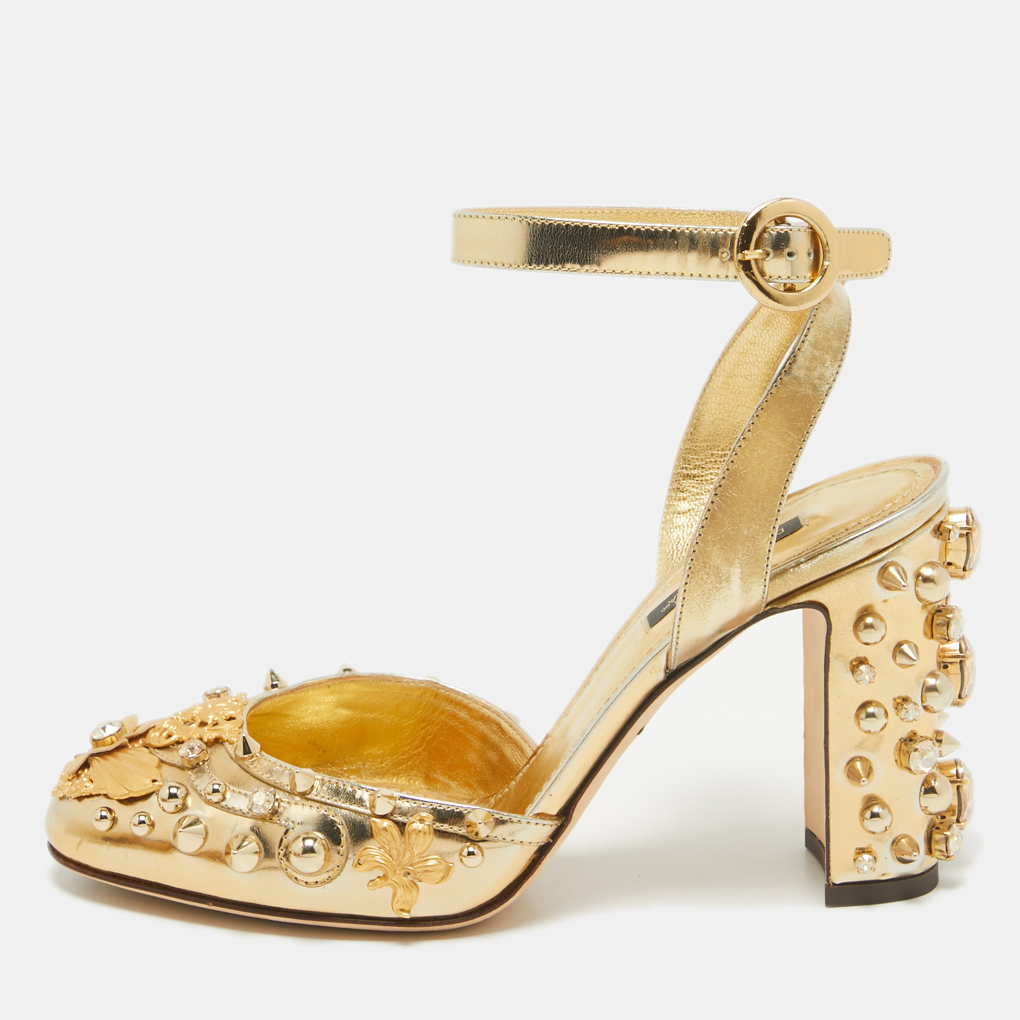 

Dolce & Gabbana Gold Patent Leather Embellished Ankle Strap Pumps Size