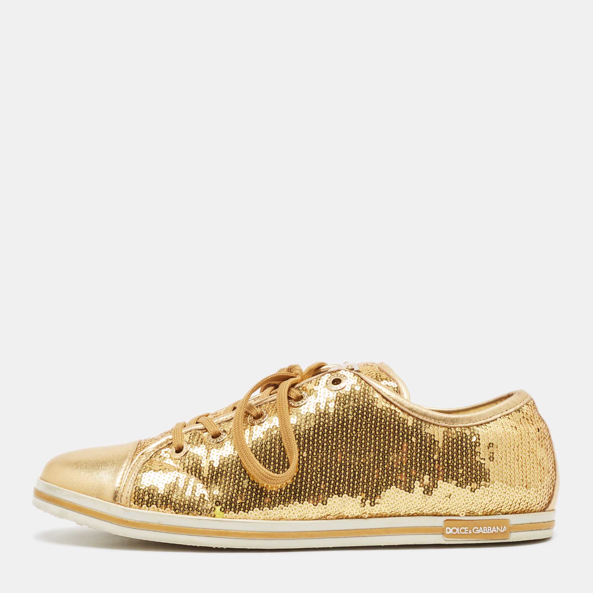 

Dolce & Gabbana Gold Leather and Sequins Low Top Sneakers Size