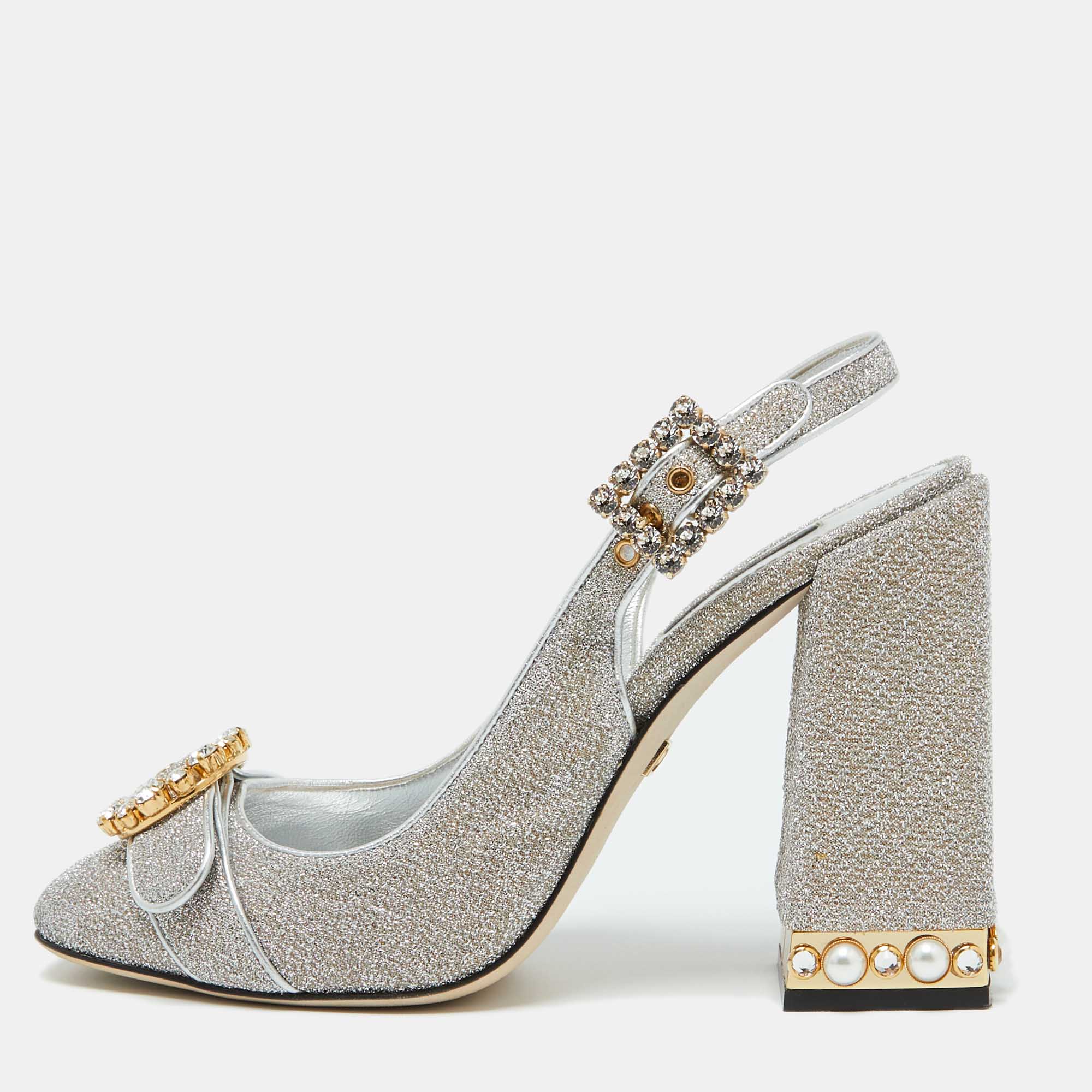 

Dolce & Gabbana Silver Metallic Fabric Crystal Embellished Block Heel Pumps Size