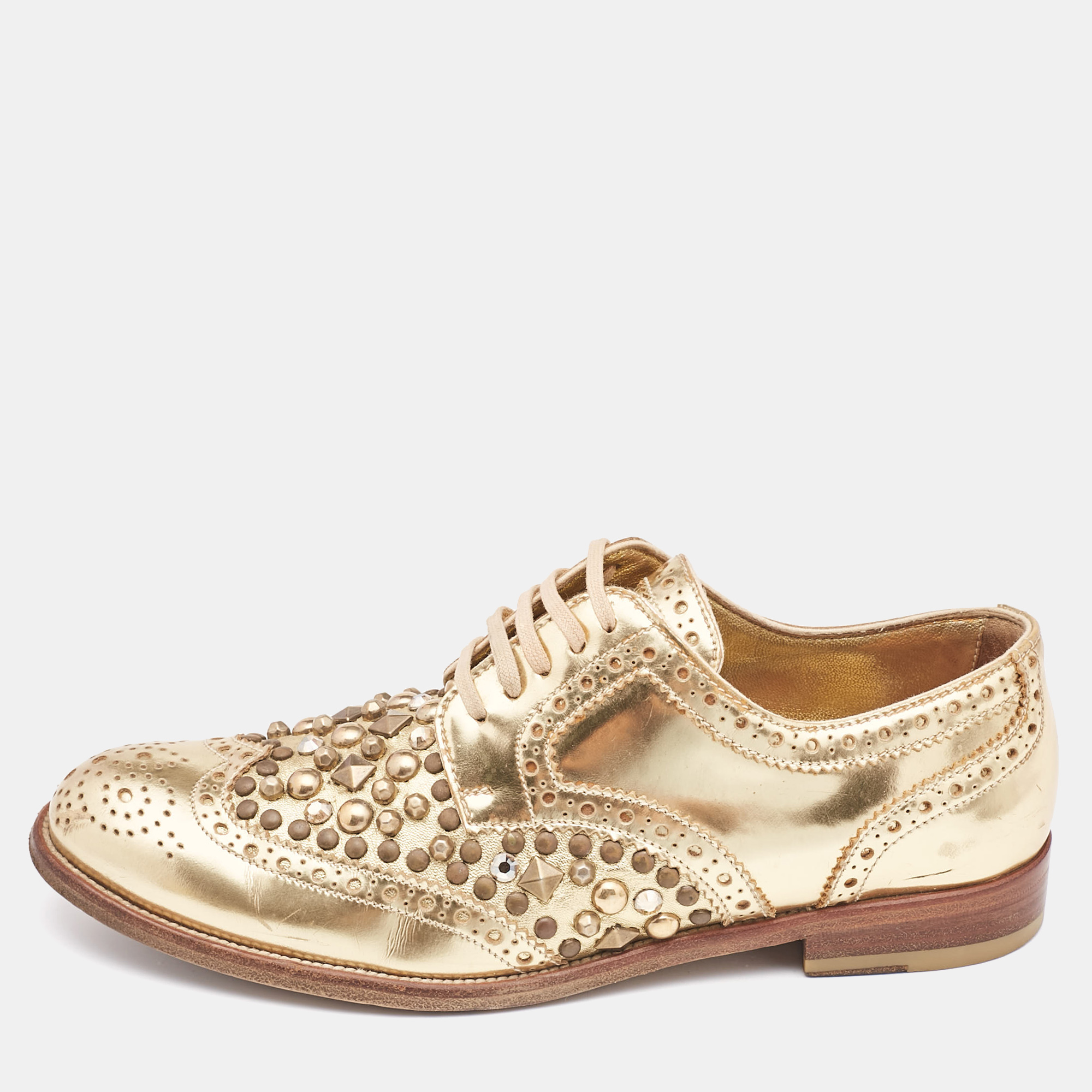 

Dolce & Gabbana Gold Brogue Leather Studded Derby Size