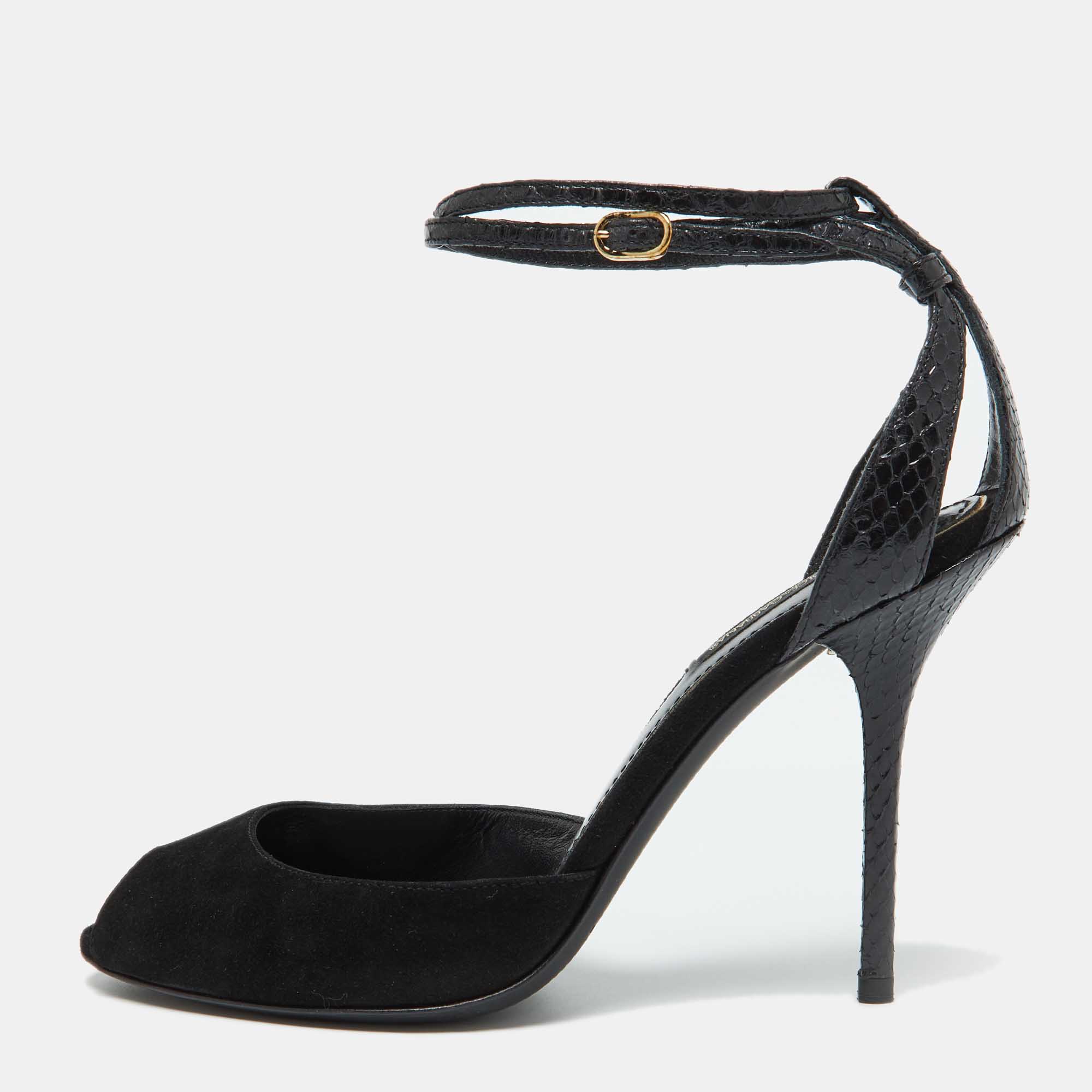 

Dolce & Gabbana Black Snakeskin Embossed Leather and Suede Ankle Strap Sandals Size