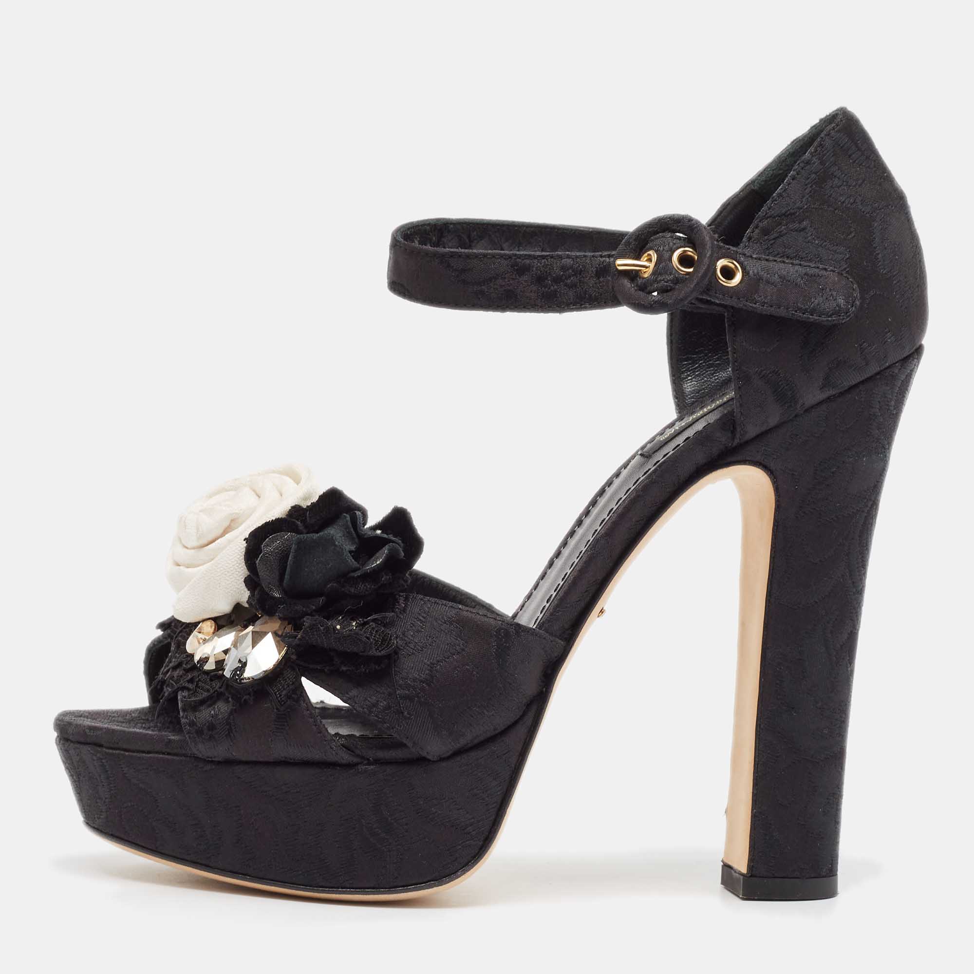 

Dolce & Gabbana Black Brocade Fabric Embellished Ankle Strap Sandals Size