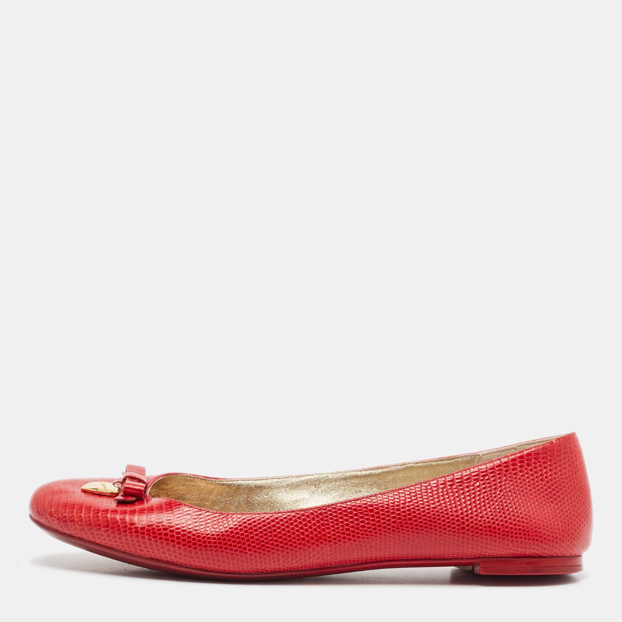 

Dolce & Gabbana Red Lizard Embossed Leather Bow Ballet Flats Size