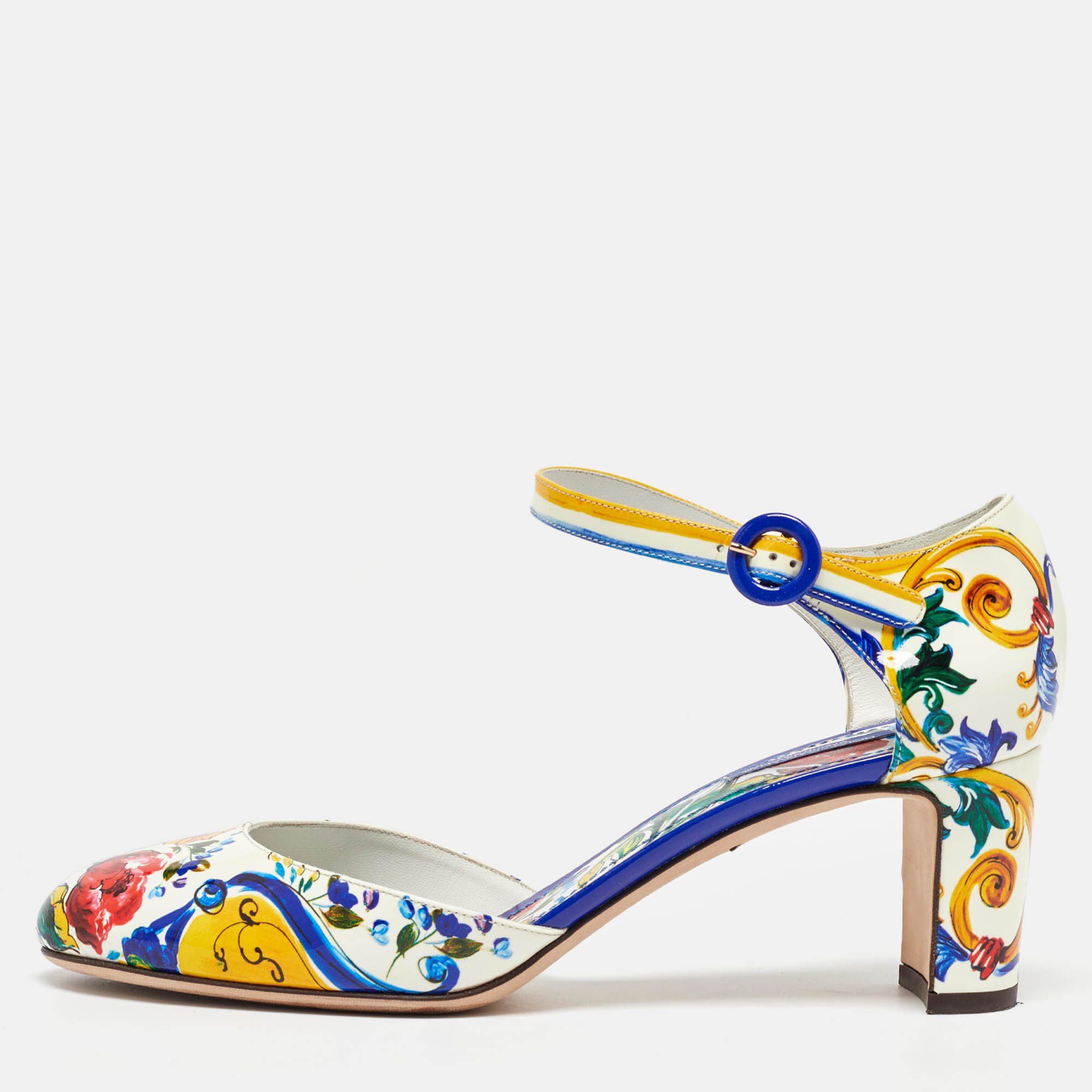 

Dolce & Gabbana Multicolor Patent Leather Floral Printed Ankle Strap Pumps Size