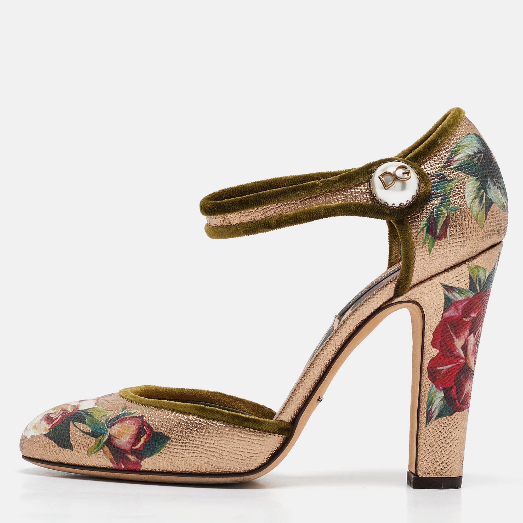 

Dolce & Gabbana Metallic Floral Print Leather Ankle Strap Pumps Size