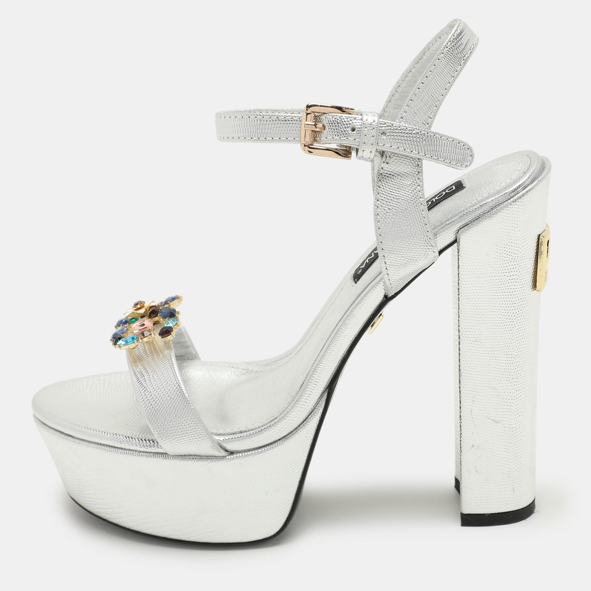 

Dolce & Gabbana Silver Leather Embellished Platform Ankle Strap Sandals Size