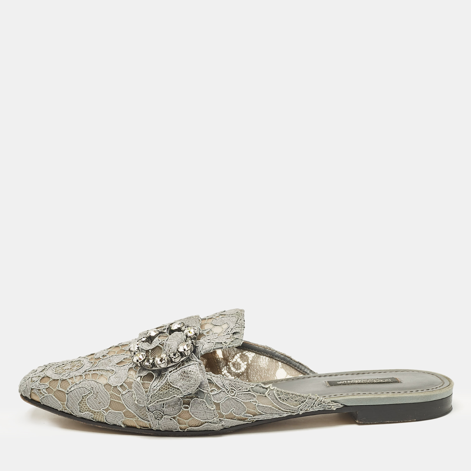 

Dolce & Gabbana Grey Lace and Mesh Crystal Embellished Mules Size