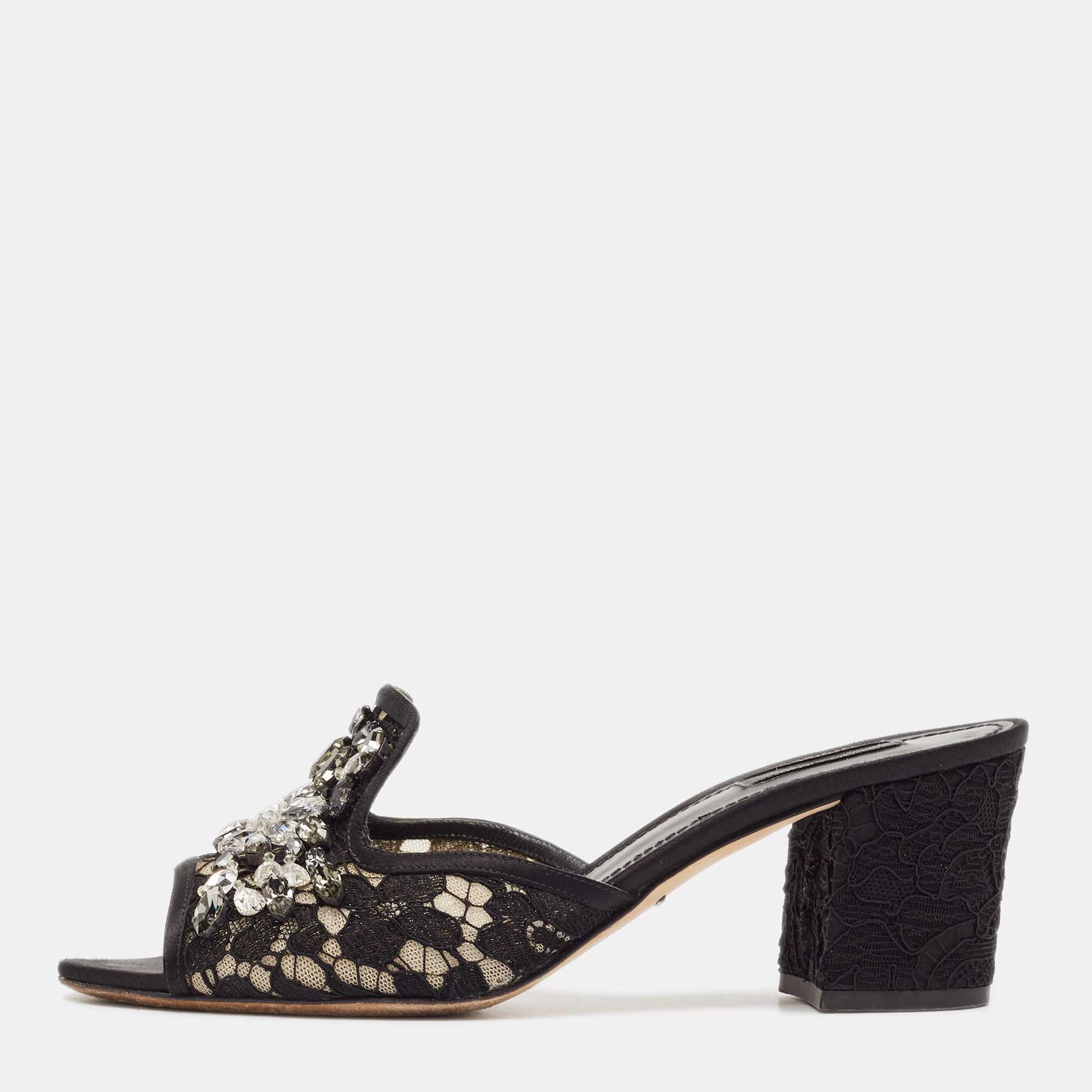 

Dolce & Gabbana Black Lace and Mesh Bianca Slide Sandals Size