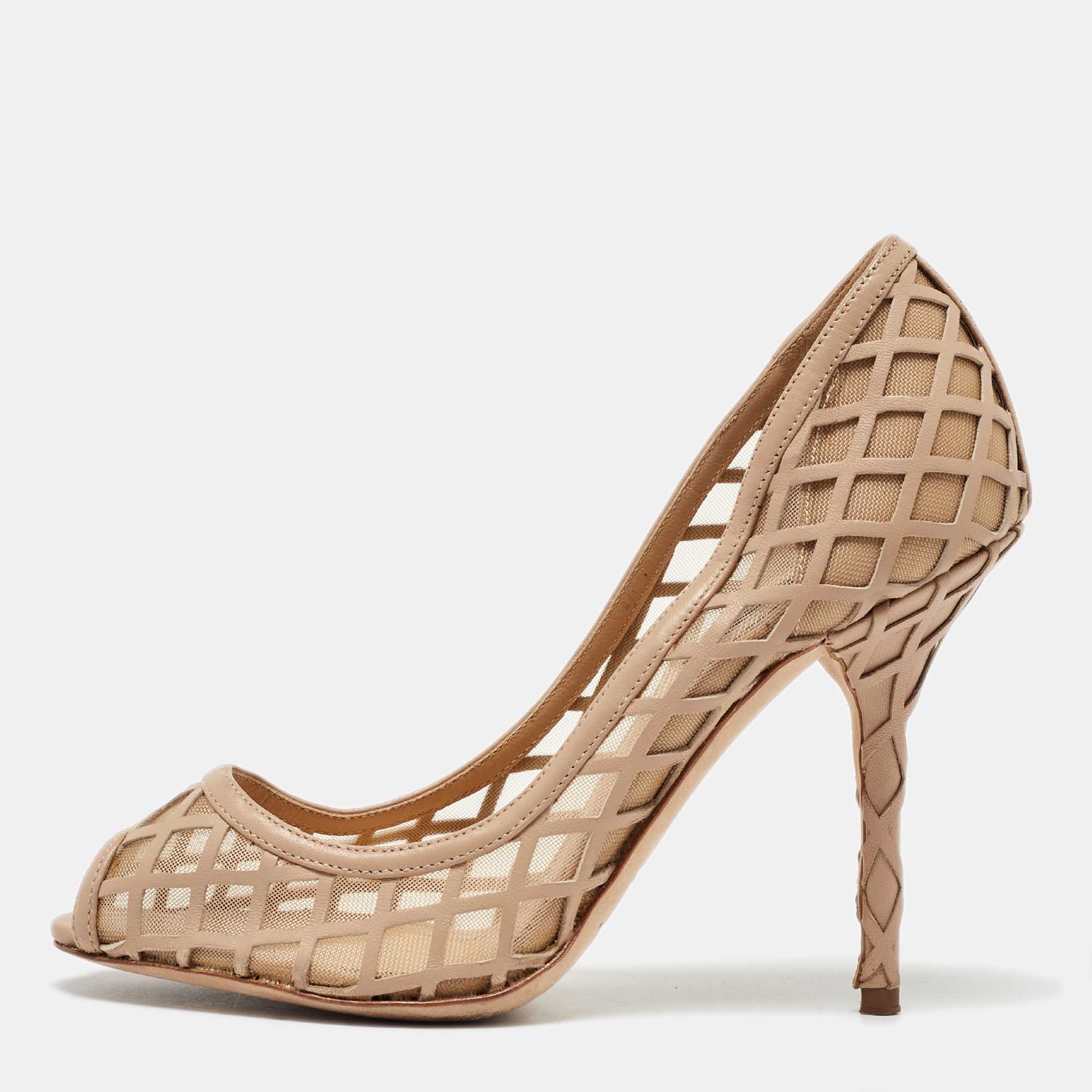 

Dolce & Gabbana Beige Mesh and Leather Caged Peep Toe Pumps Size