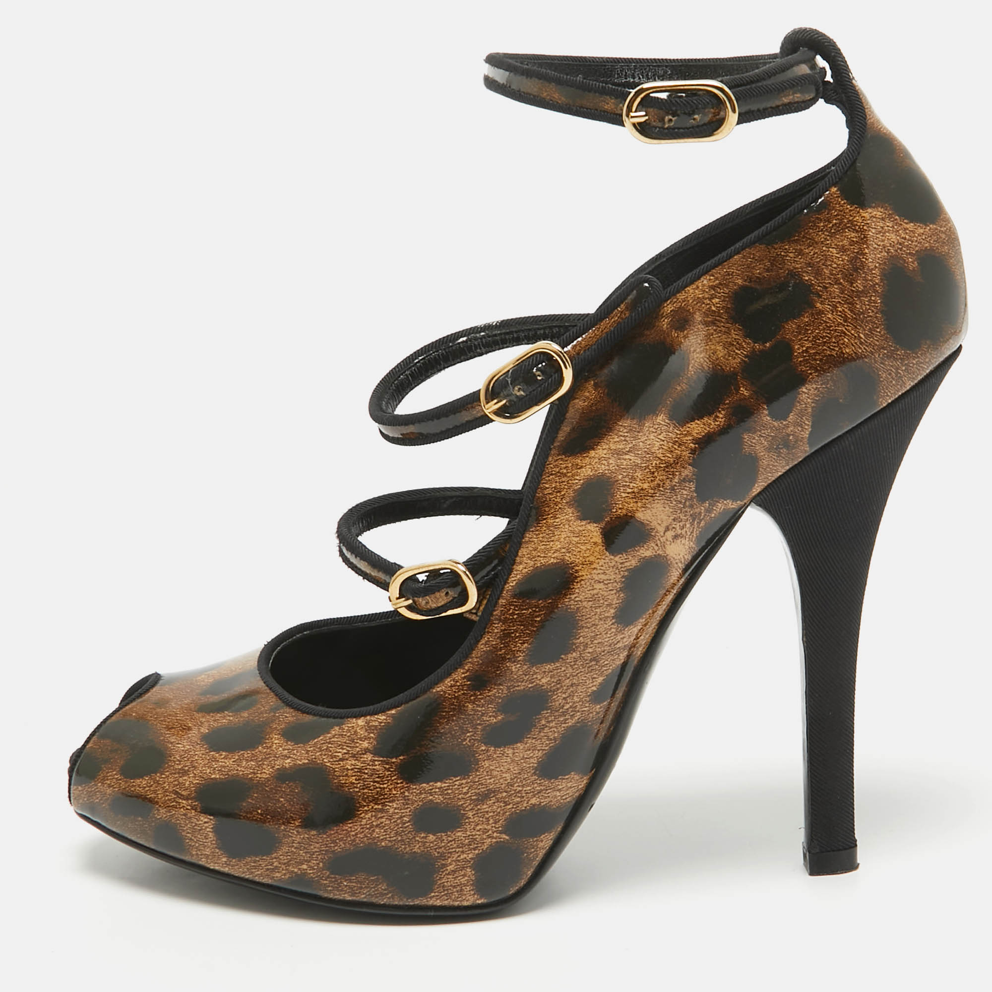 

Dolce & Gabbana Brown/Black Leopard Print Patent Peep Toe Pumps Size