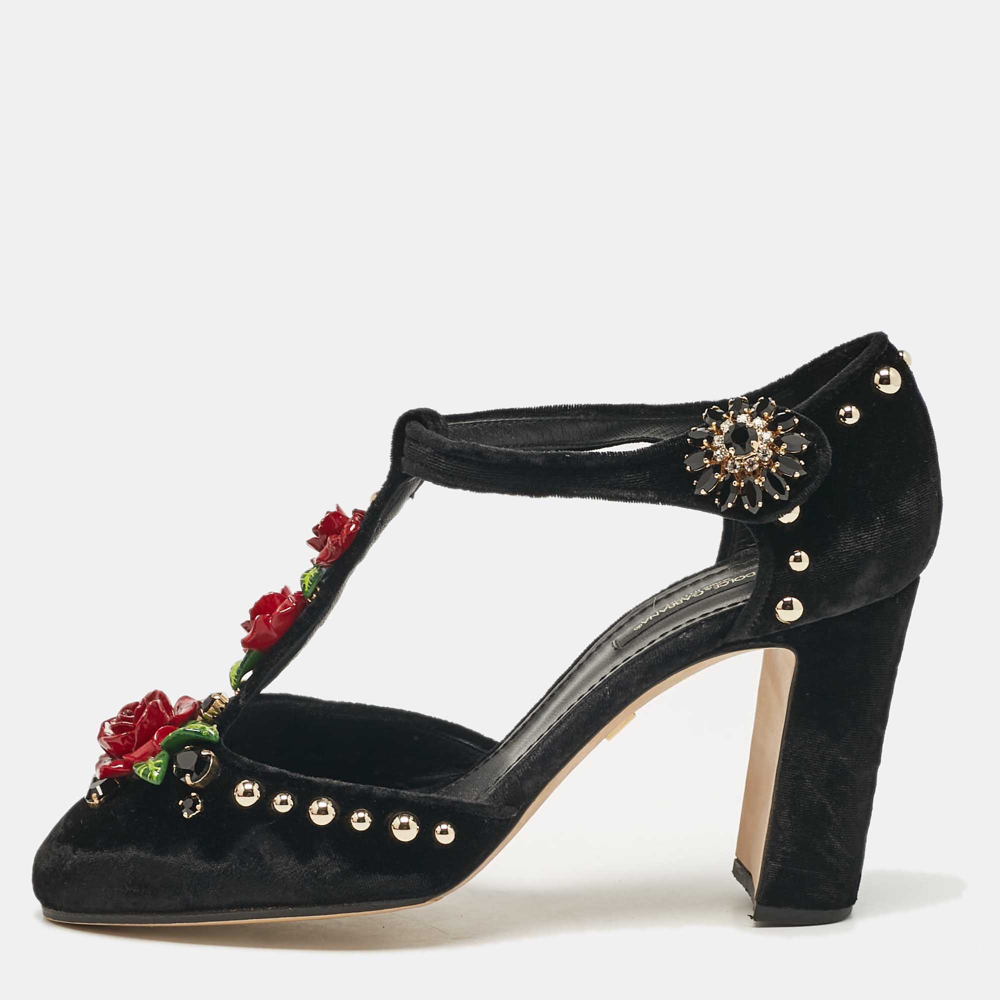 

Dolce & Gabbana Black Velvet Studded and Rose Embellished Ankle-Strap Pumps Size