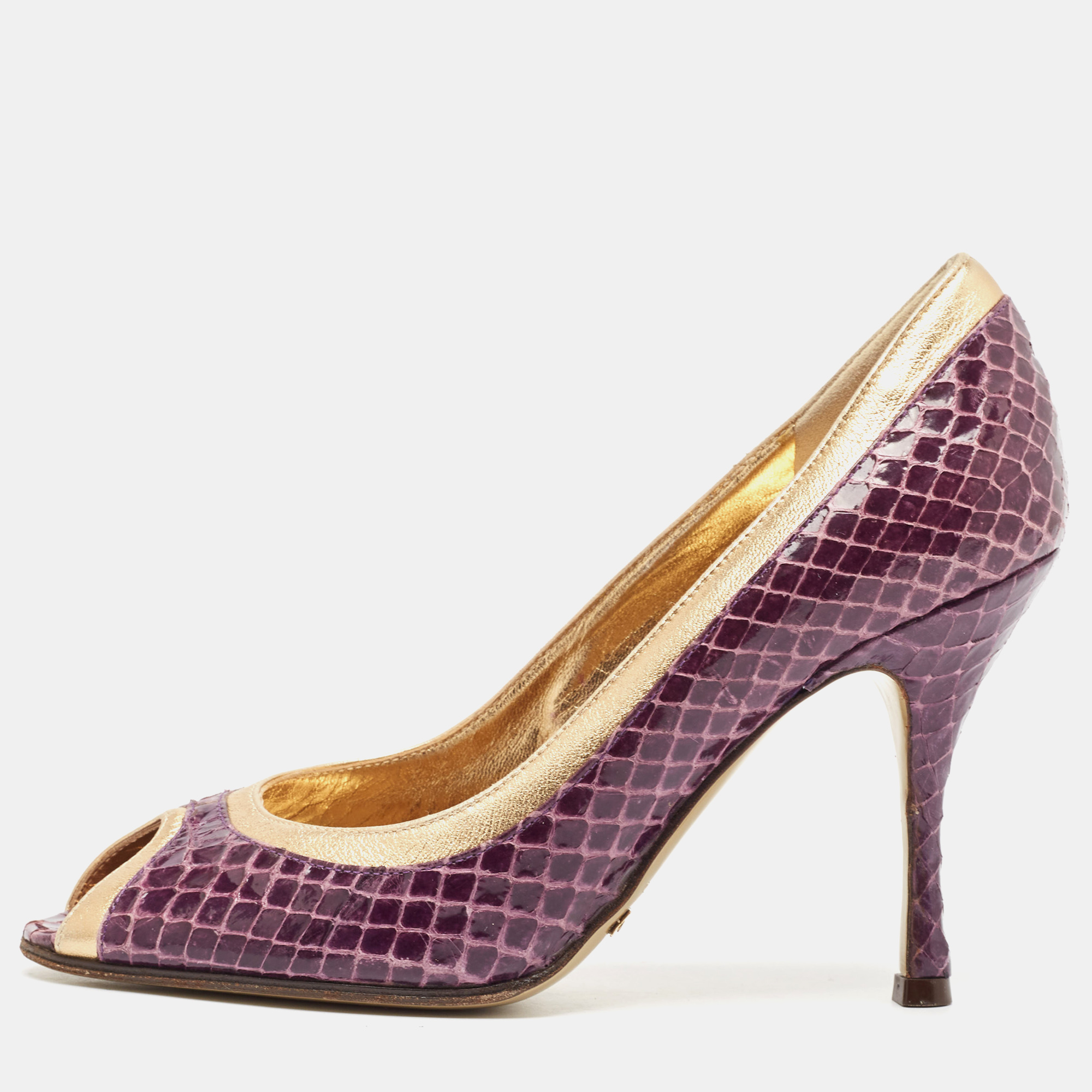 

Dolce & Gabbana Purple Leather and Python Leather Peep Toe Pumps Size