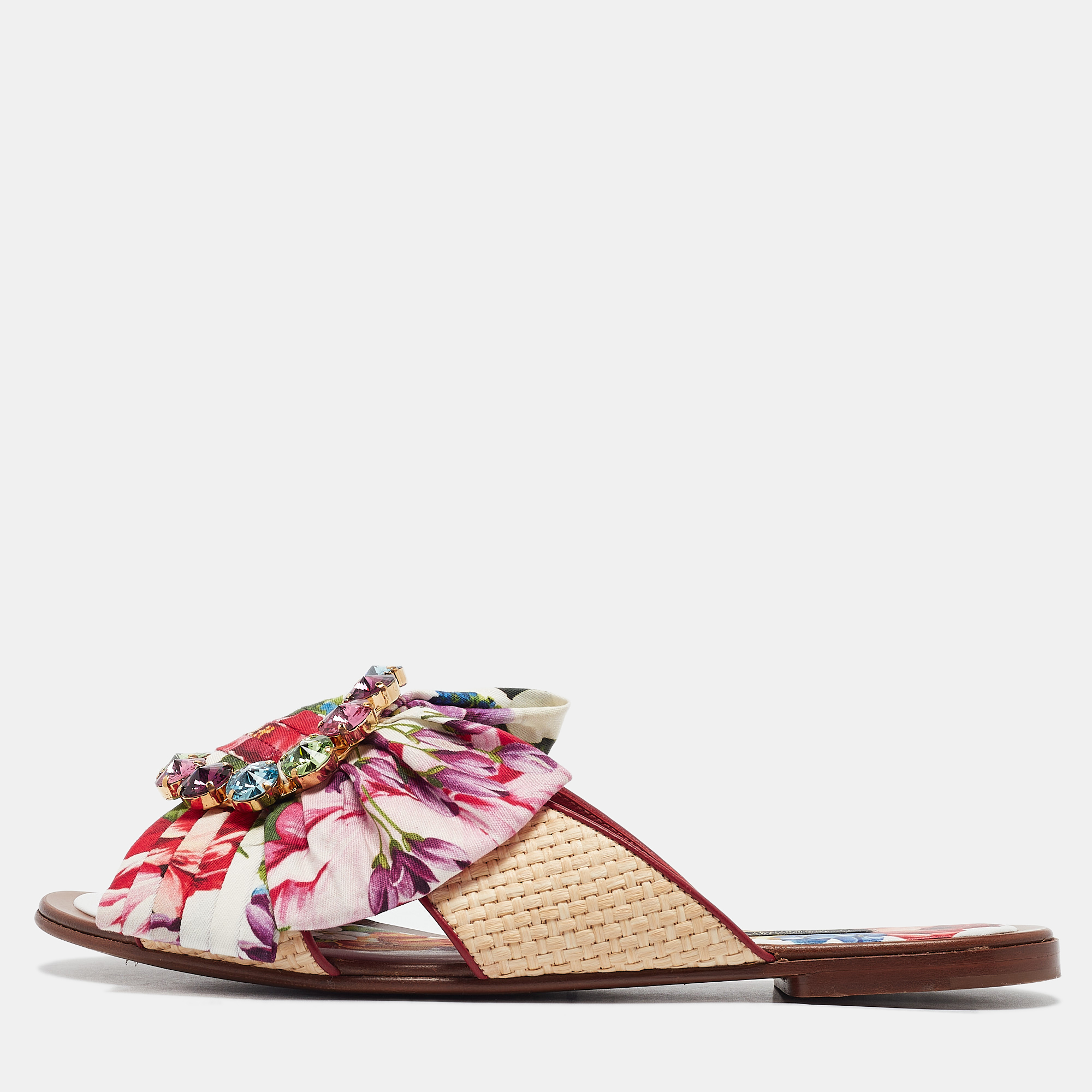 

Dolce & Gabbana Multicolor Floral Print Canvas and Raffia Crystal Embellished Flat Slides Size