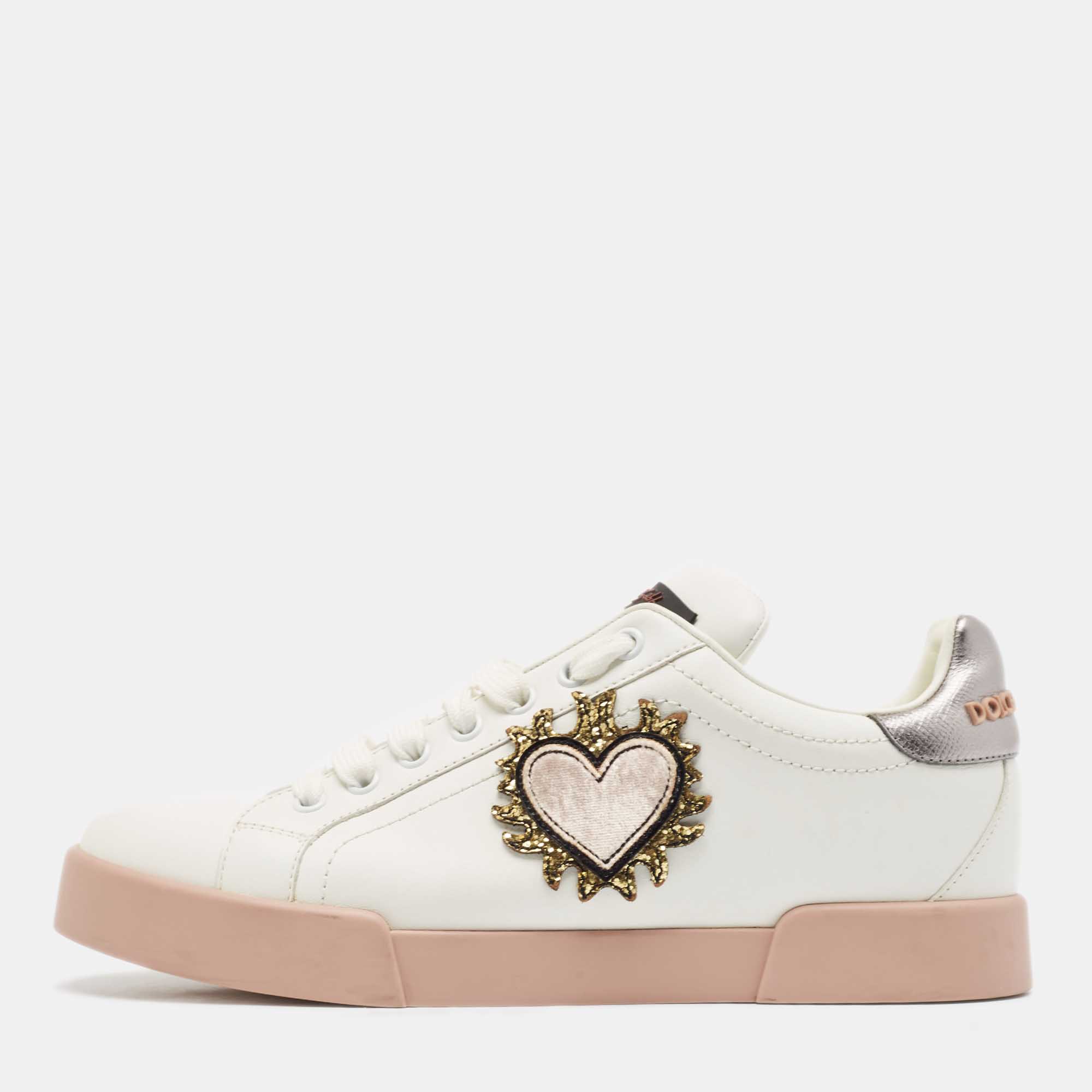 

Dolce & Gabbana White Leather Love Applique Portofino Low Top Sneakers Size