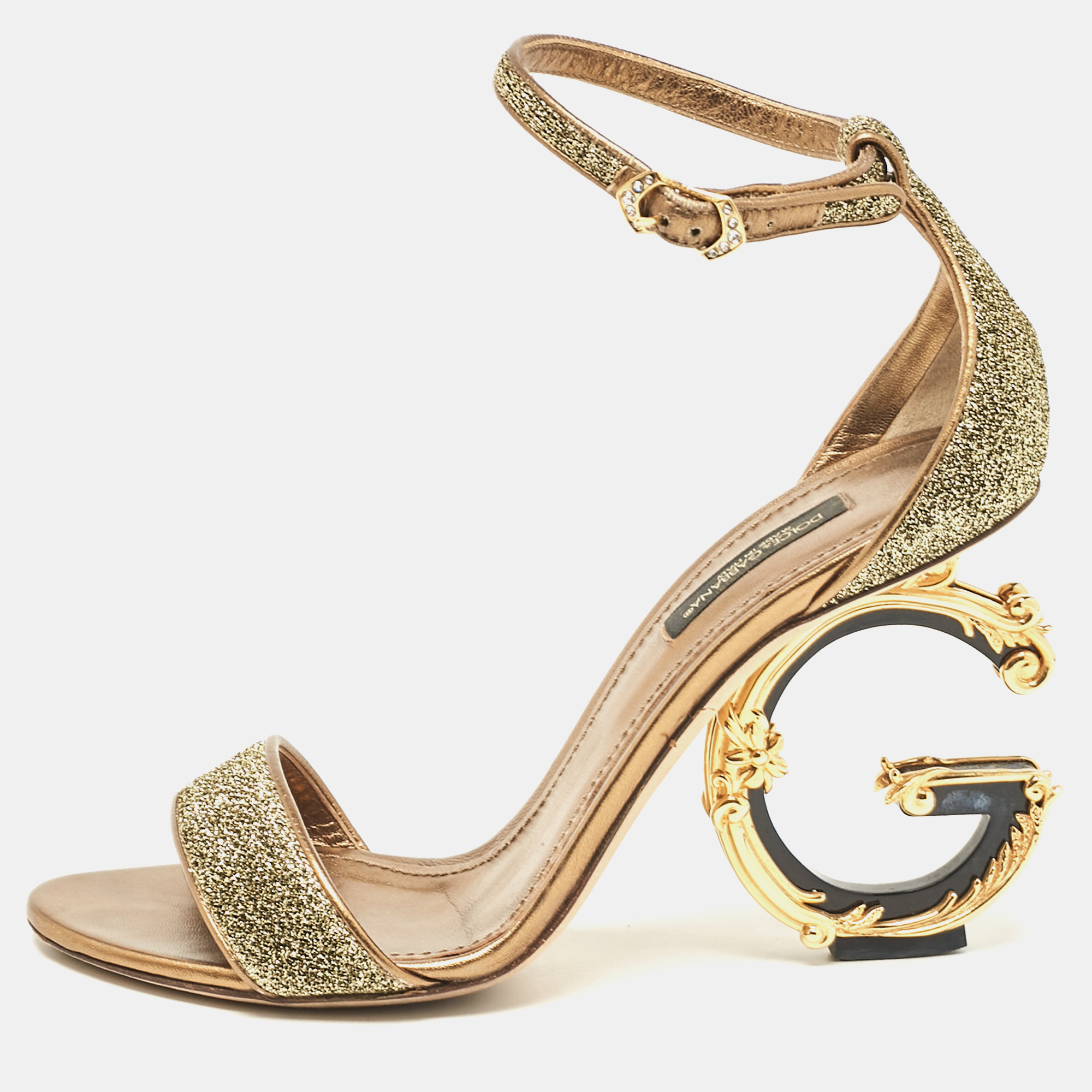 

Dolce & Gabbana Gold Lurex Fabric Barocco Sculpture Heel Sandals Size