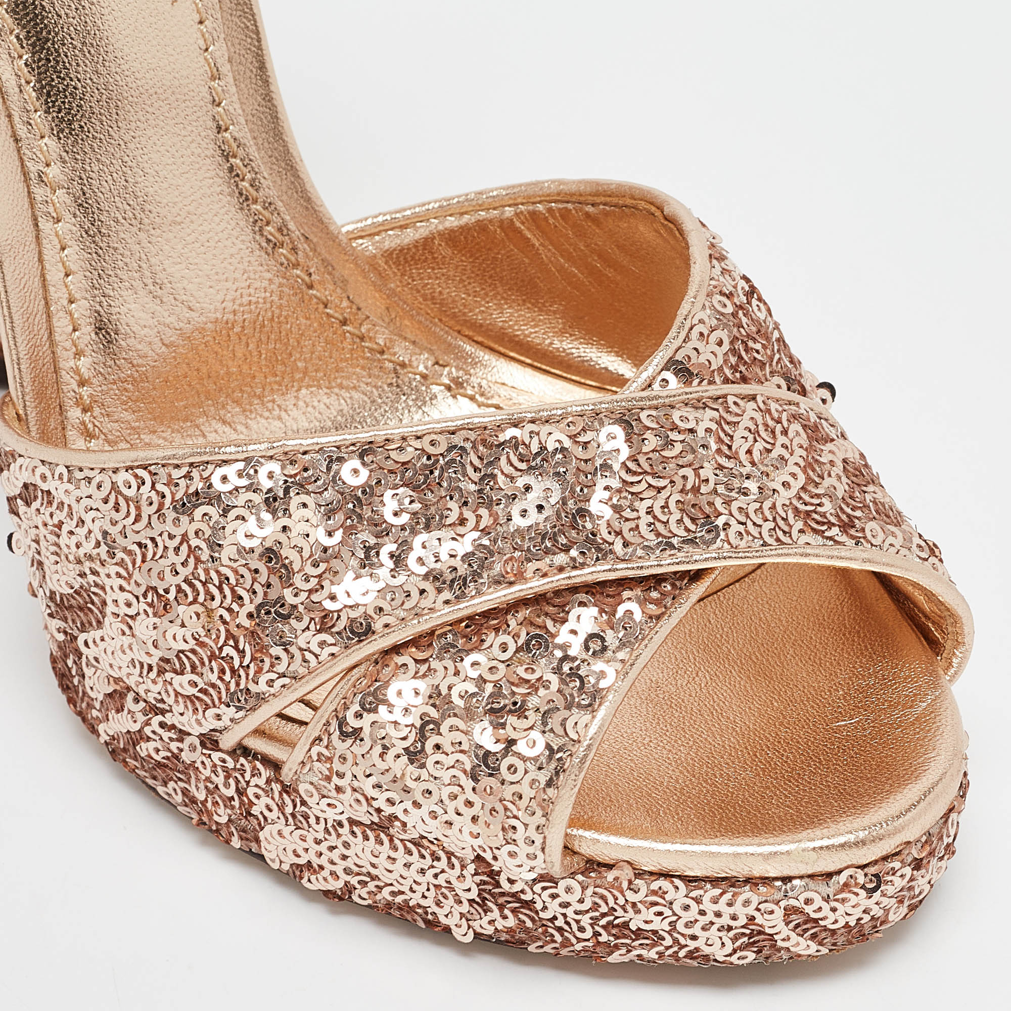 Dolce & Gabbana Gold Leather and Sequins Platform Sandals Size 39 