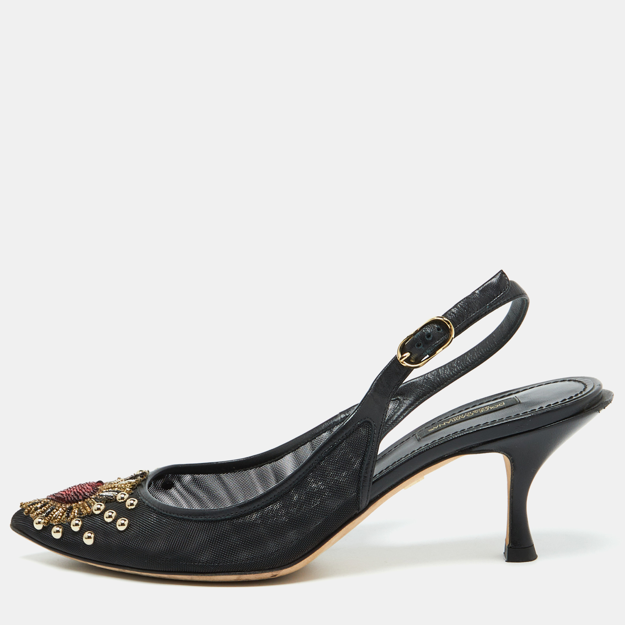 

Dolce & Gabbana Black Leather and Mesh Lori Embellished Slingback Pumps Size