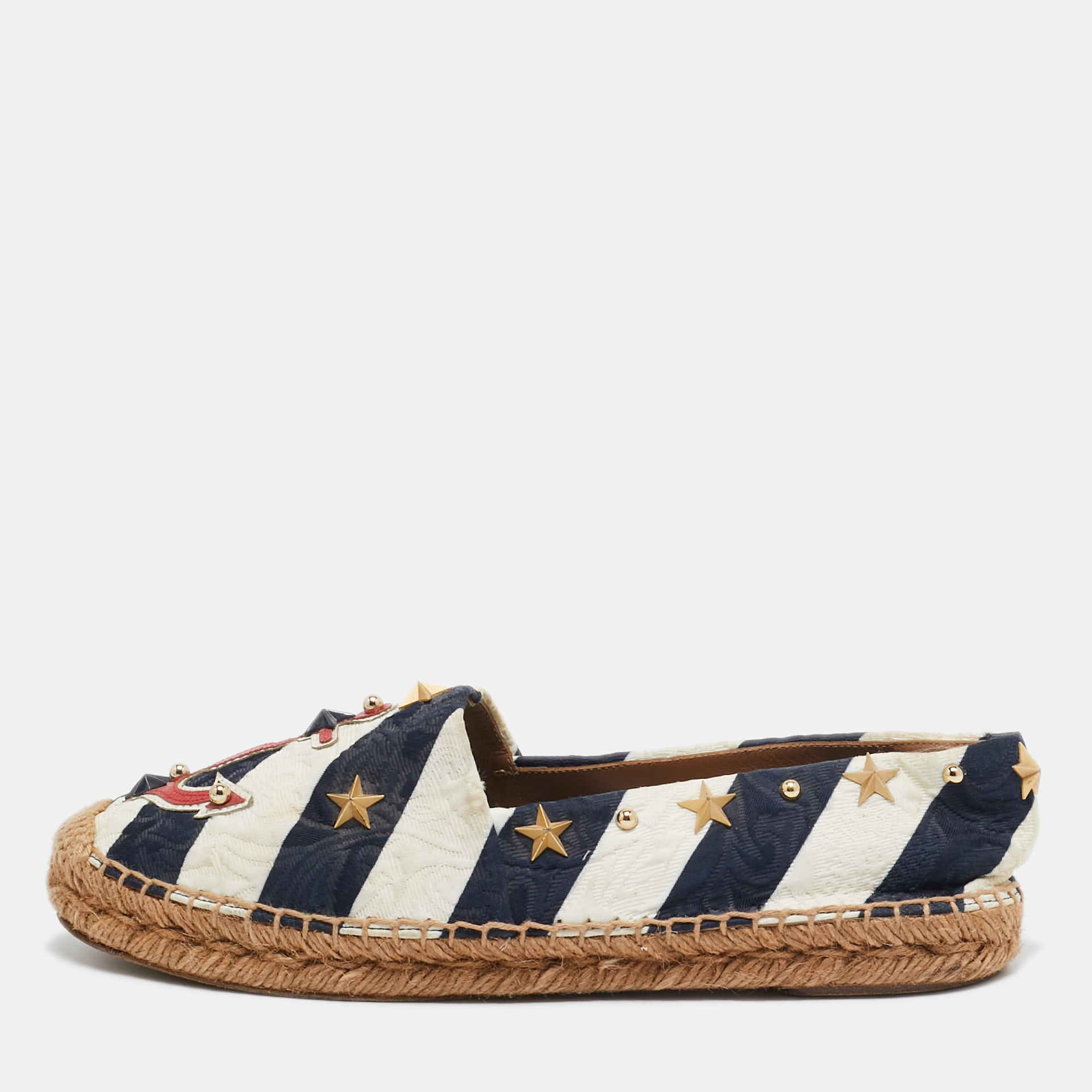 

Dolce & Gabbana Navy Blue/White Stripe Fabric Star Studded Anchor Espadrille Flats Size