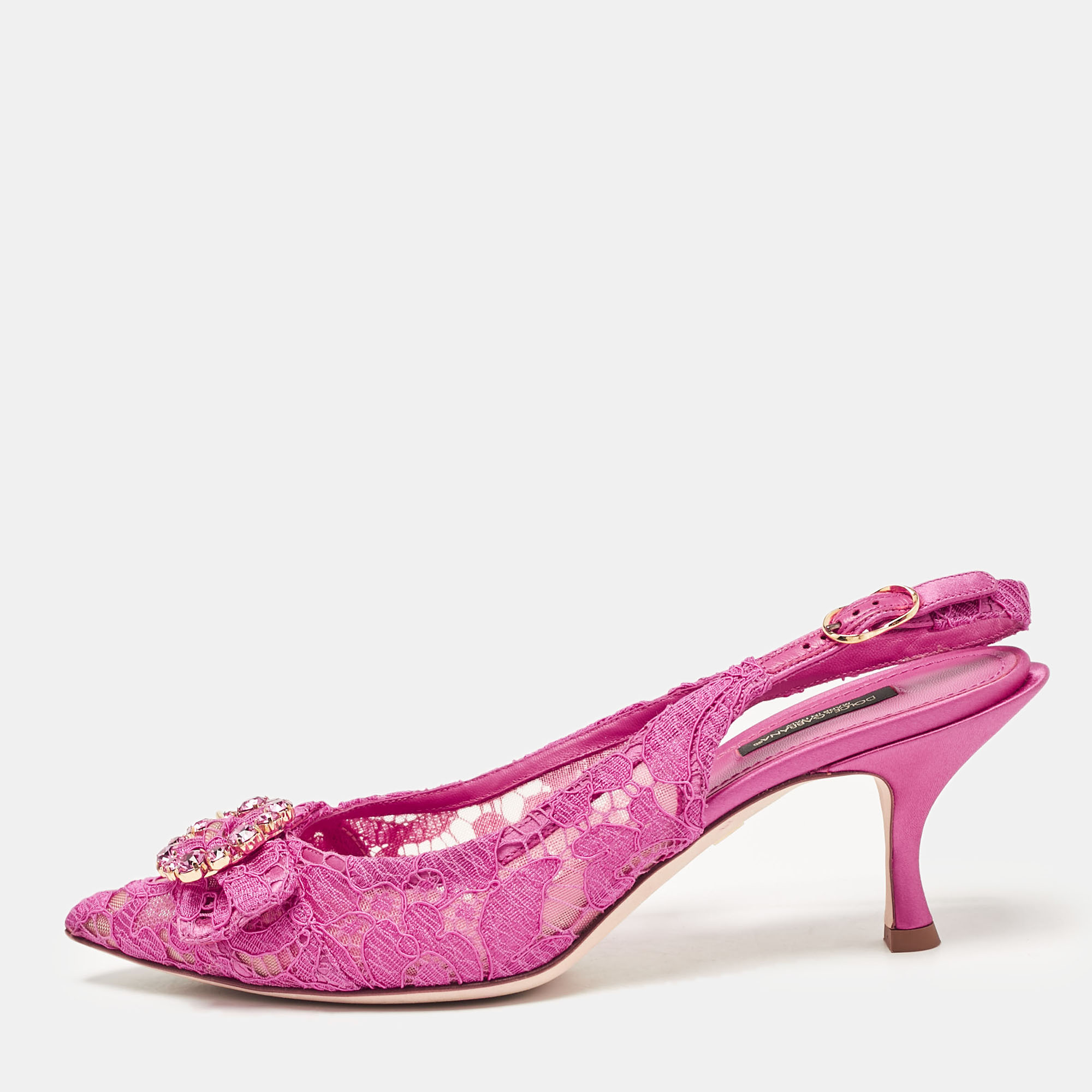 Pre-owned Dolce & Gabbana Fuchsia Lace Bellucci Slingback Pumps Size 40 In Pink