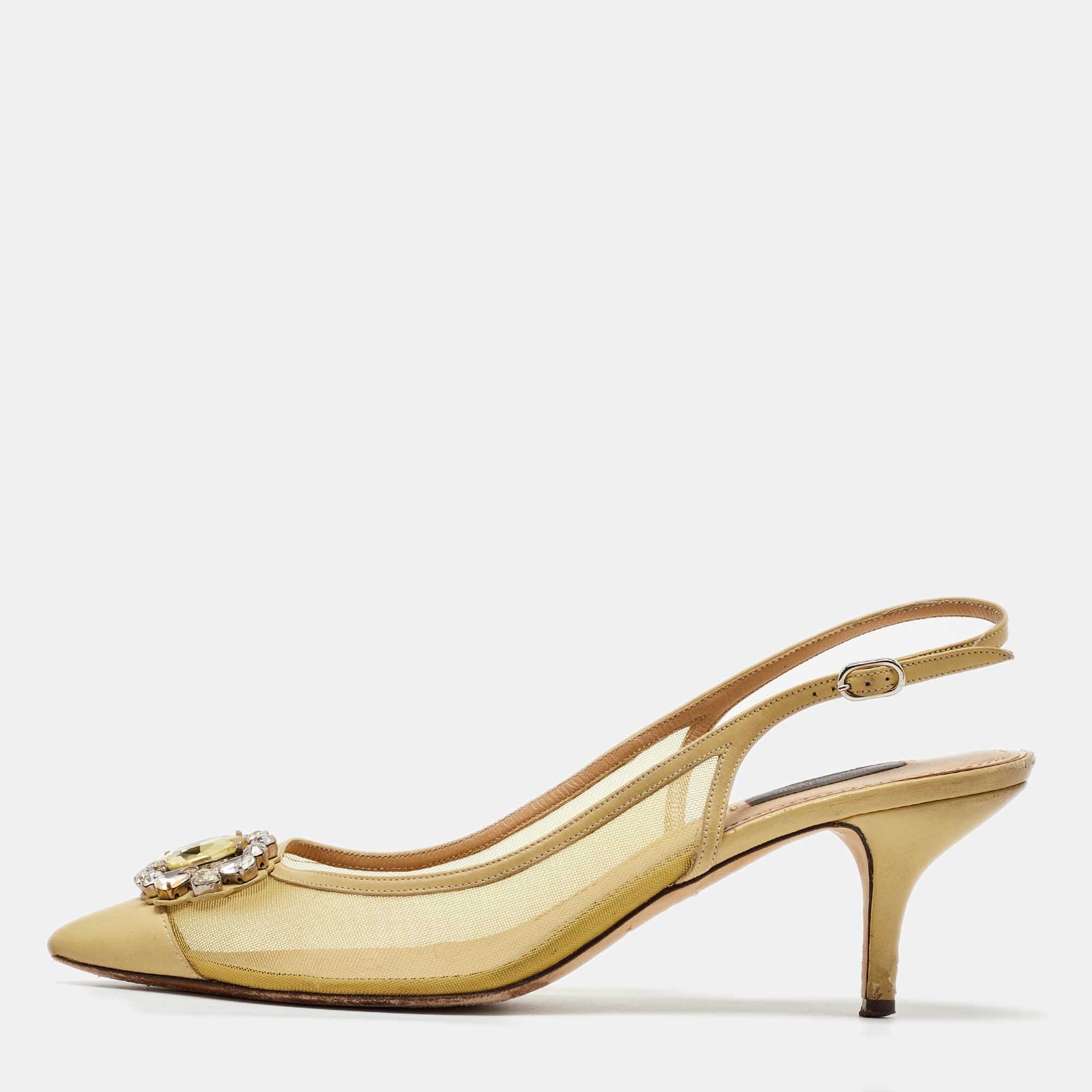 

Dolce & Gabbana Yellow Mesh and Leather Crystal Embellished Slingback Pumps Size