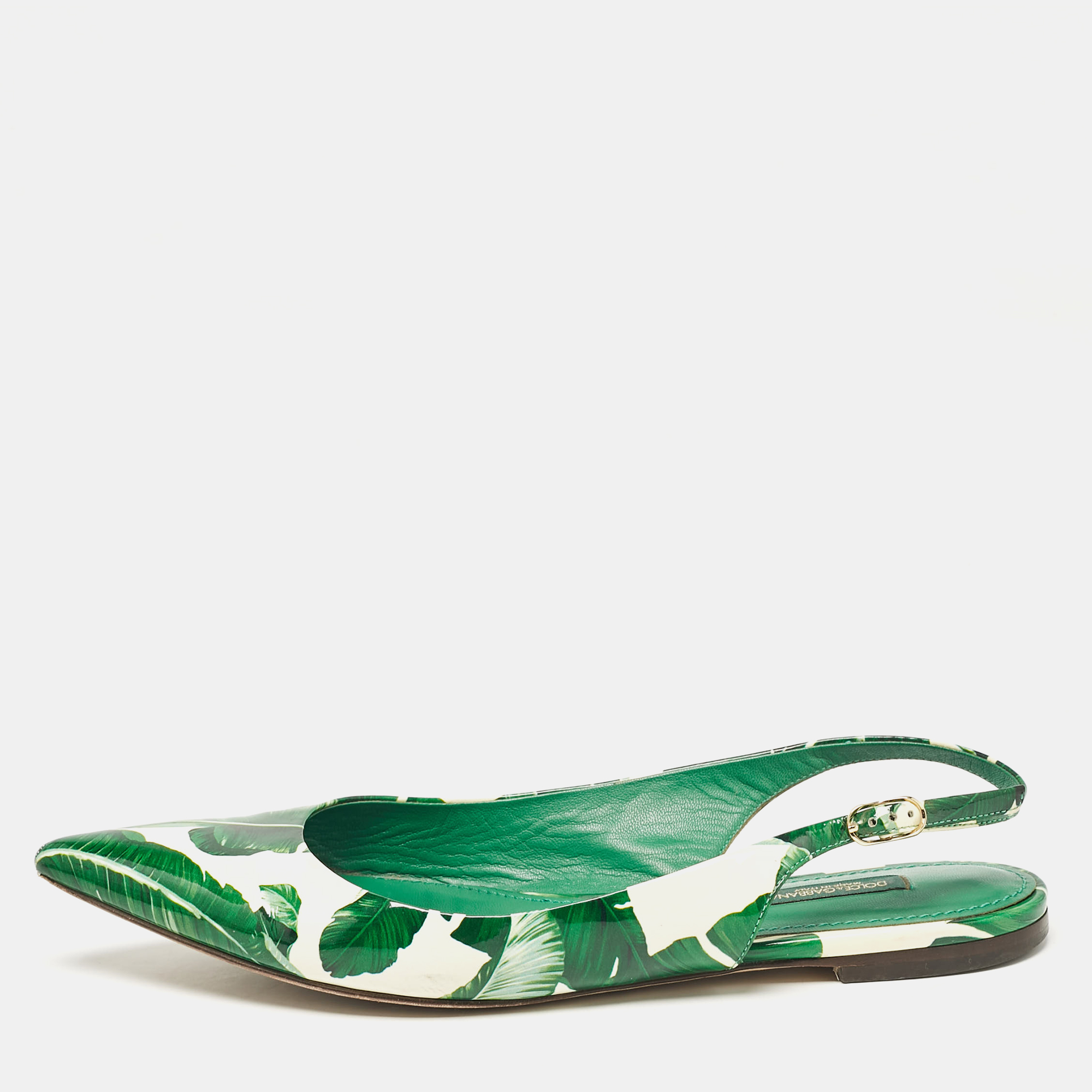 

Dolce & Gabbana Green/White Leaves Print Patent Leather Slingback Flats Size