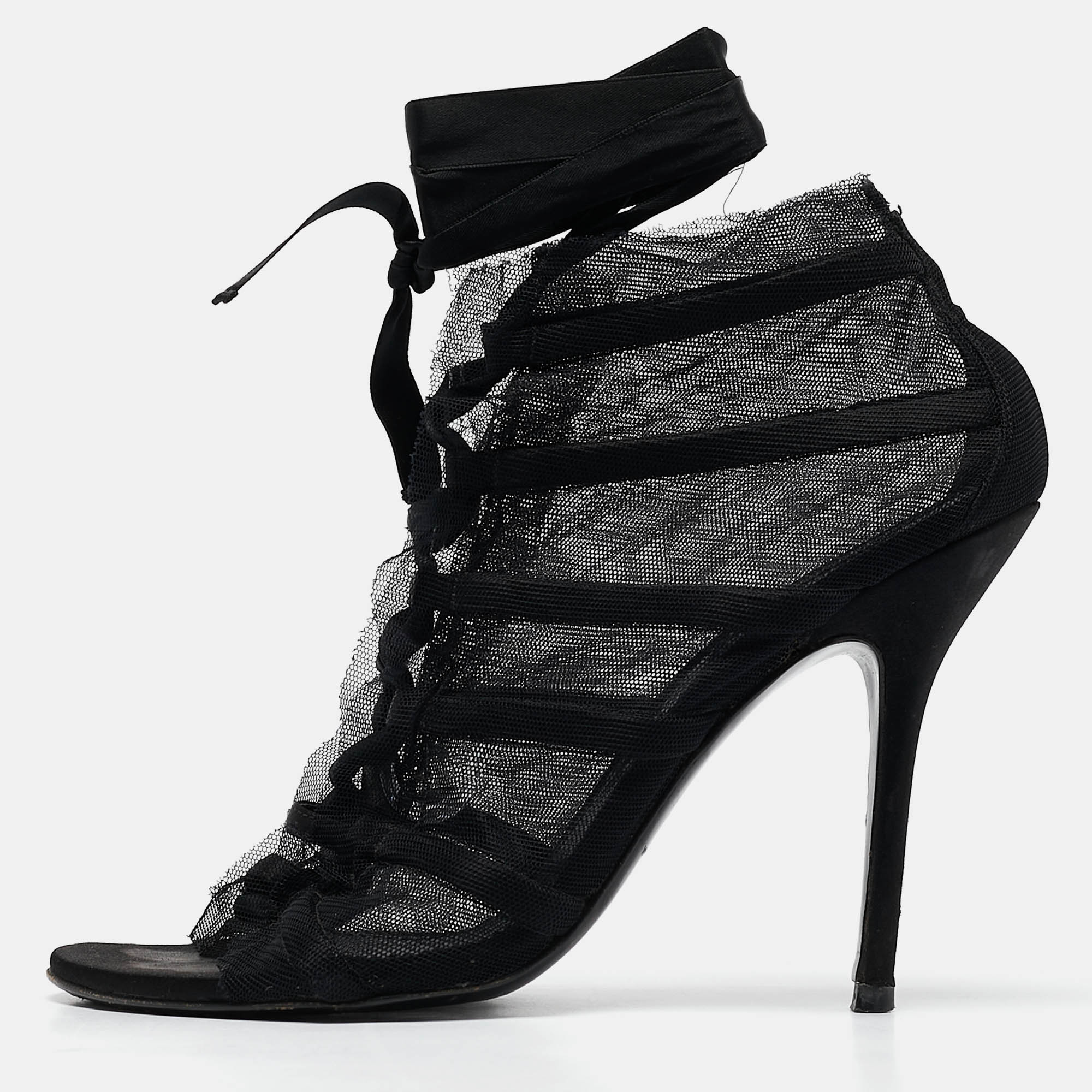 

Dolce & Gabbana Black Mesh and Satin Lace Up Peep Toe Booties Size