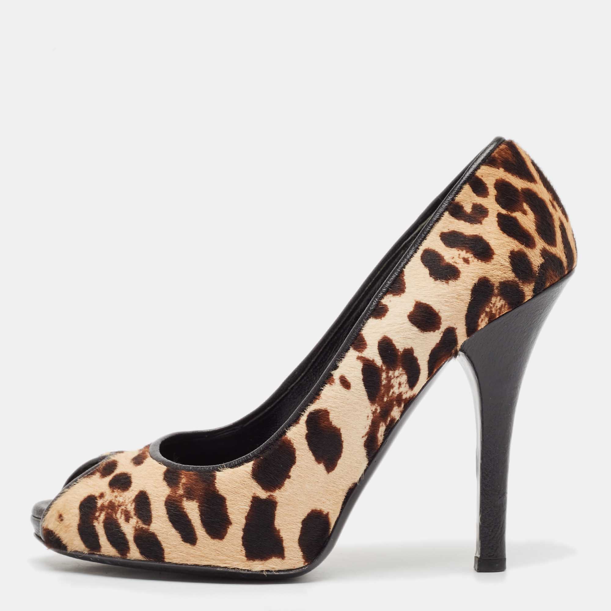 

Dolce & Gabbana Brown/Beige Calf Hair and Suede Peep Toe Pumps Size