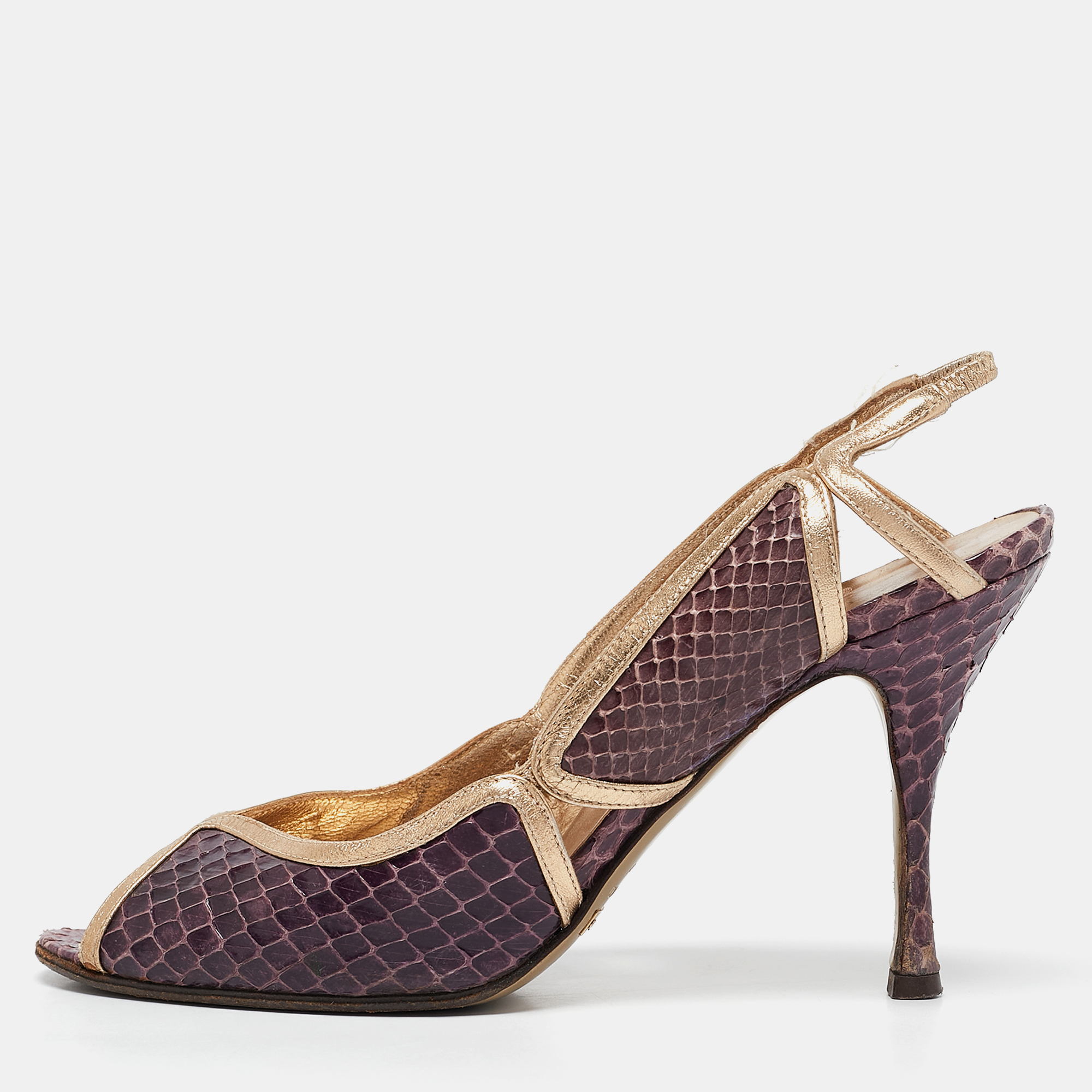 

Dolce & Gabbana Purple/Gold Leather and Python Leather Slingback Sandals Size