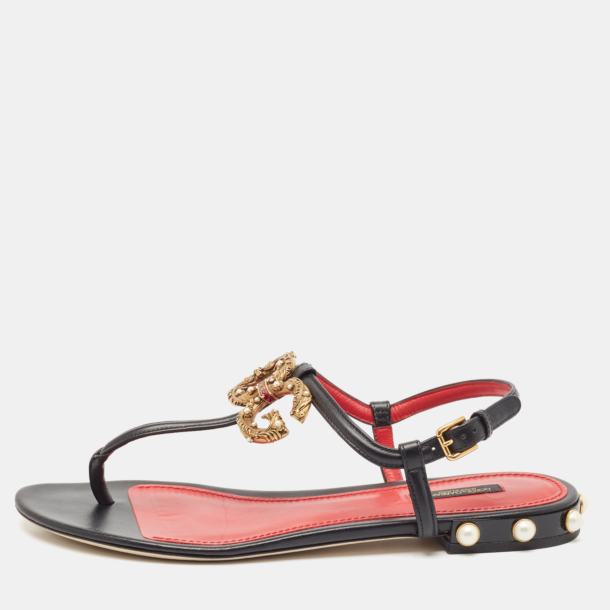 

Dolce & Gabbana Black Leather DG Amore Thong Sandals Size