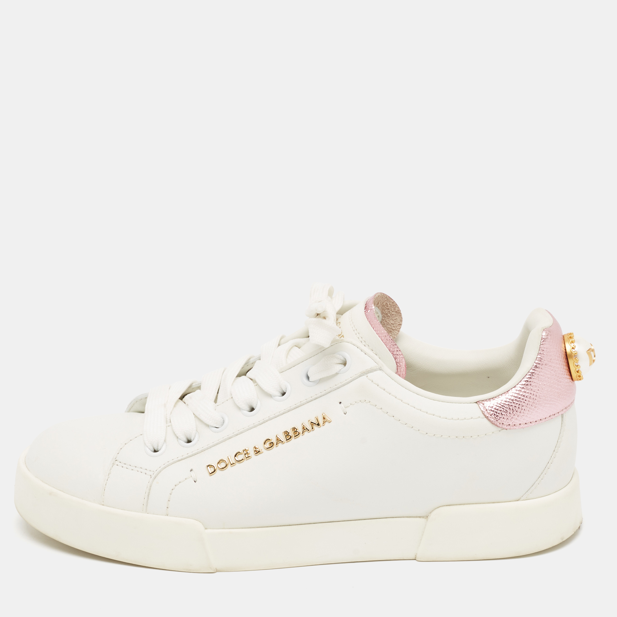 

Dolce & Gabbana White/Pink Leather Portofino Pearl Embellished Low Top Sneakers Size