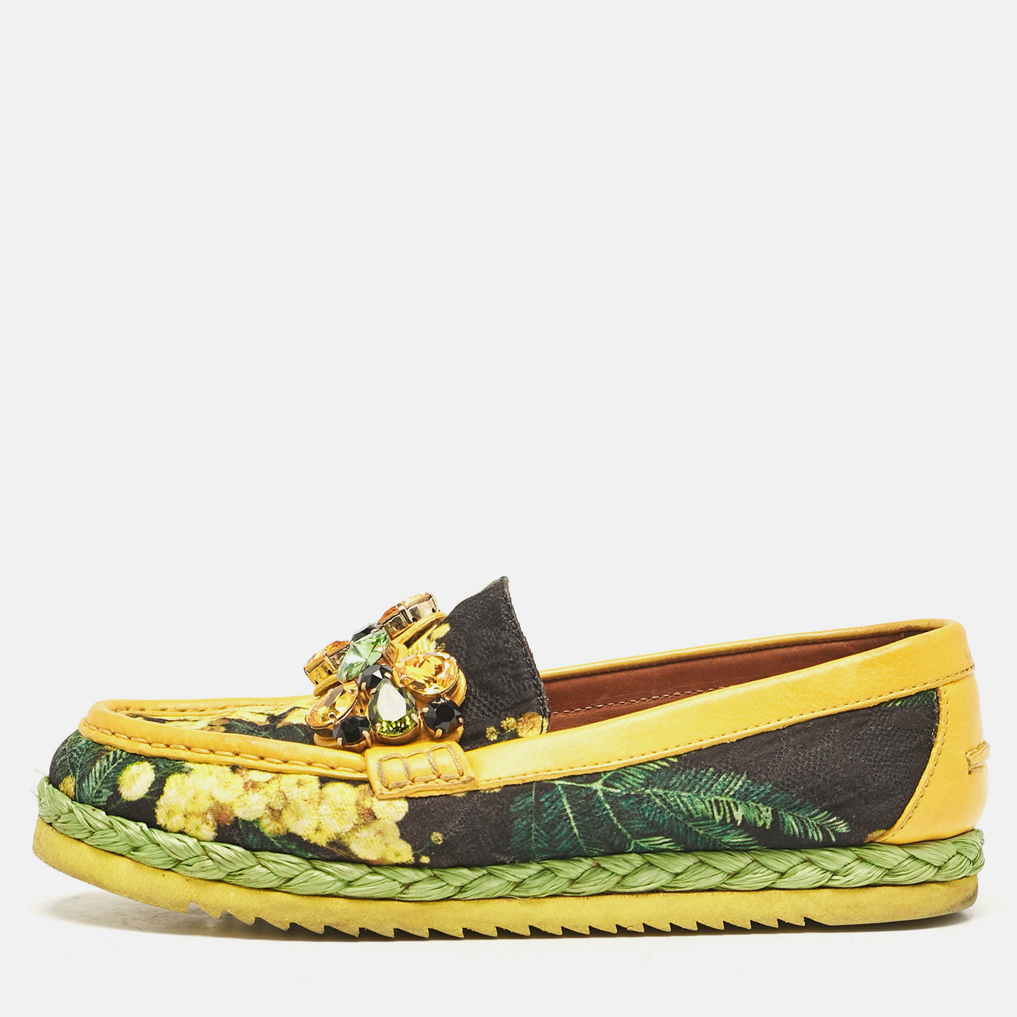 

Dolce & Gabbana Yellow/Black Floral Print Fabric and Leather Crystal Embellished Loafers Size